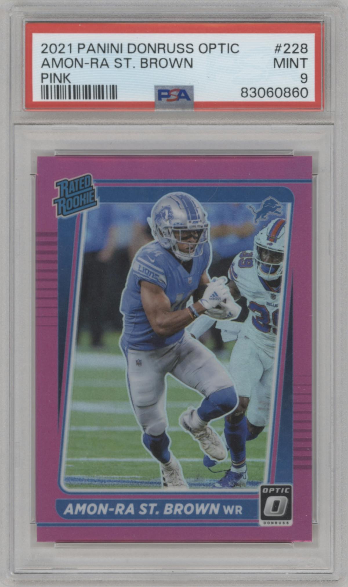 Amon-Ra St. Brown from the 2021 Panini Donruss Optic set featuring a Pink parallel graded by PSA and given an overall grade of 9.