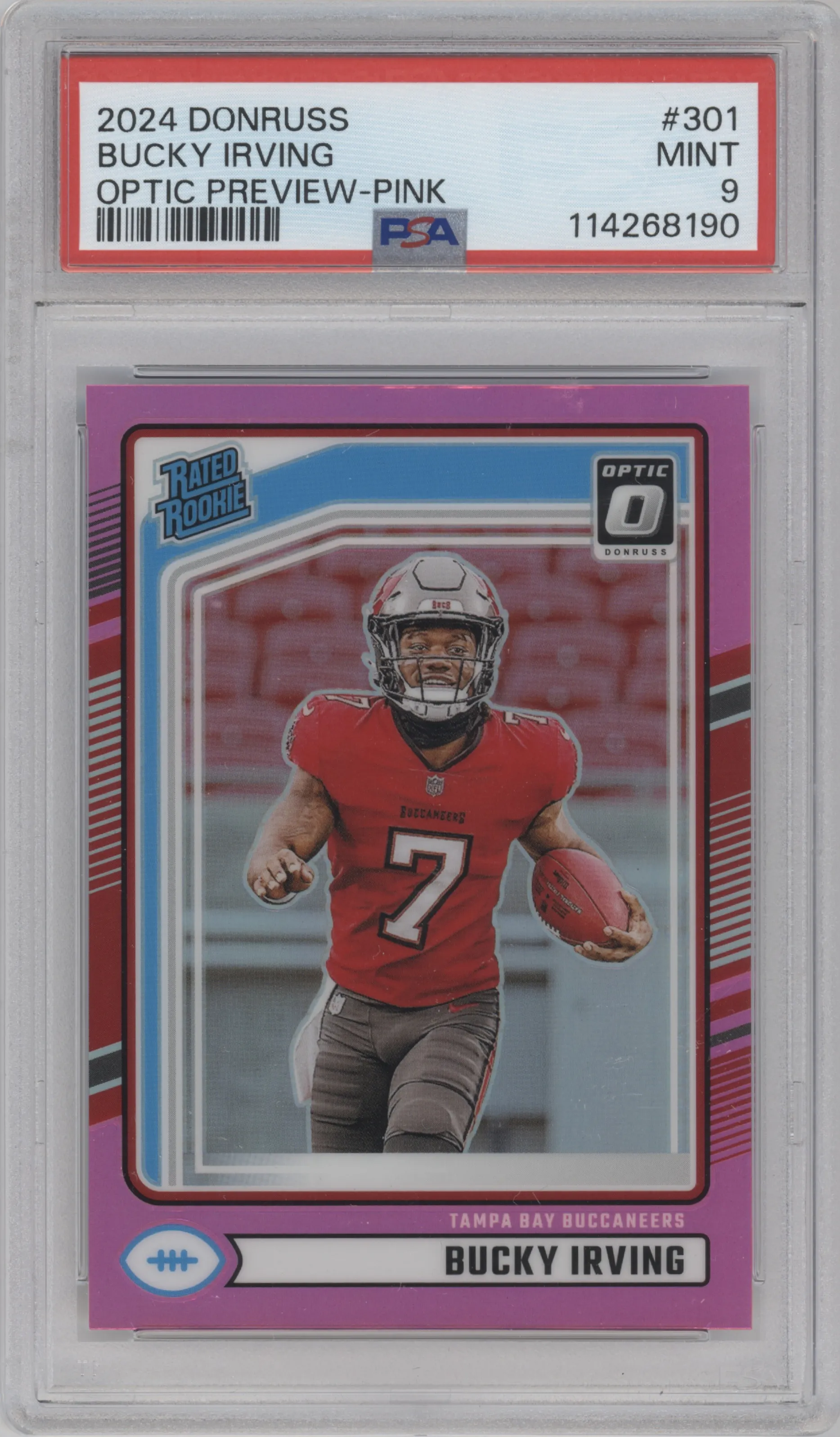 Bucky Irving from the 2024 Donruss set featuring a Pink parallel graded by PSA and given an overall grade of 9.