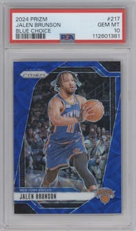 Jalen Brunson from the 2024-25 Panini Prizm set featuring a Choice Blue parallel graded by PSA and given an overall grade of 10.