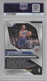 Jalen Brunson from the 2024-25 Panini Prizm set featuring a Choice Blue parallel graded by PSA and given an overall grade of 10.