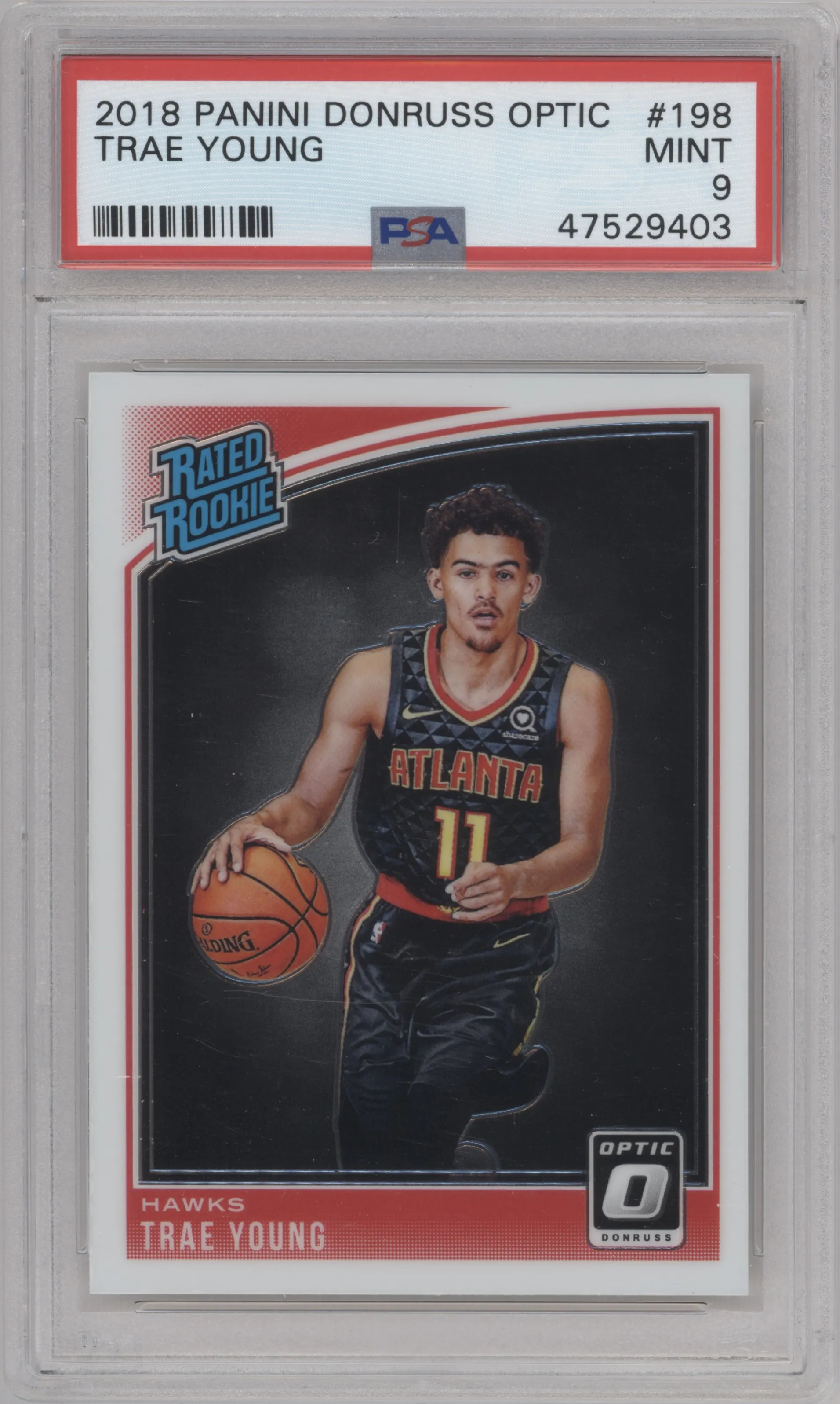 Trae Young from the 2018-19 Panini Donruss Optic set graded by PSA and given an overall grade of 9.