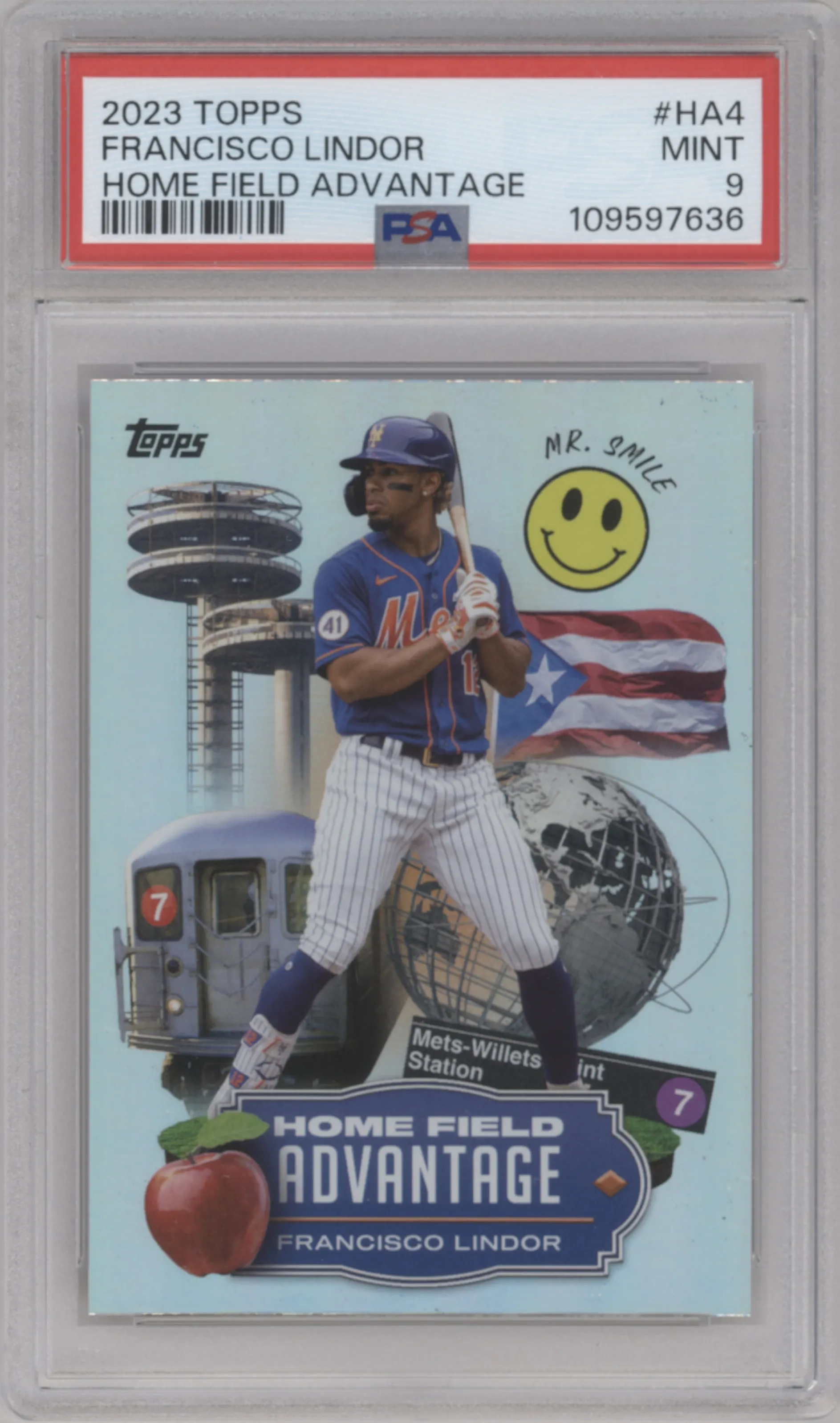 Francisco Lindor from the 2023 Topps Series 1 set graded by PSA and given an overall grade of 9.