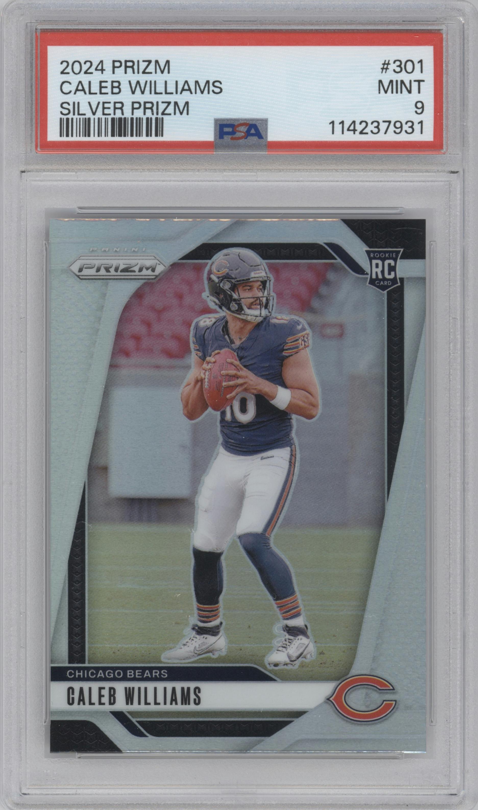 Caleb Williams from the 2024 Panini Prizm set featuring a Silver Prizm parallel graded by PSA and given an overall grade of 9.