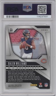 Caleb Williams from the 2024 Panini Prizm set featuring a Silver Prizm parallel graded by PSA and given an overall grade of 9.