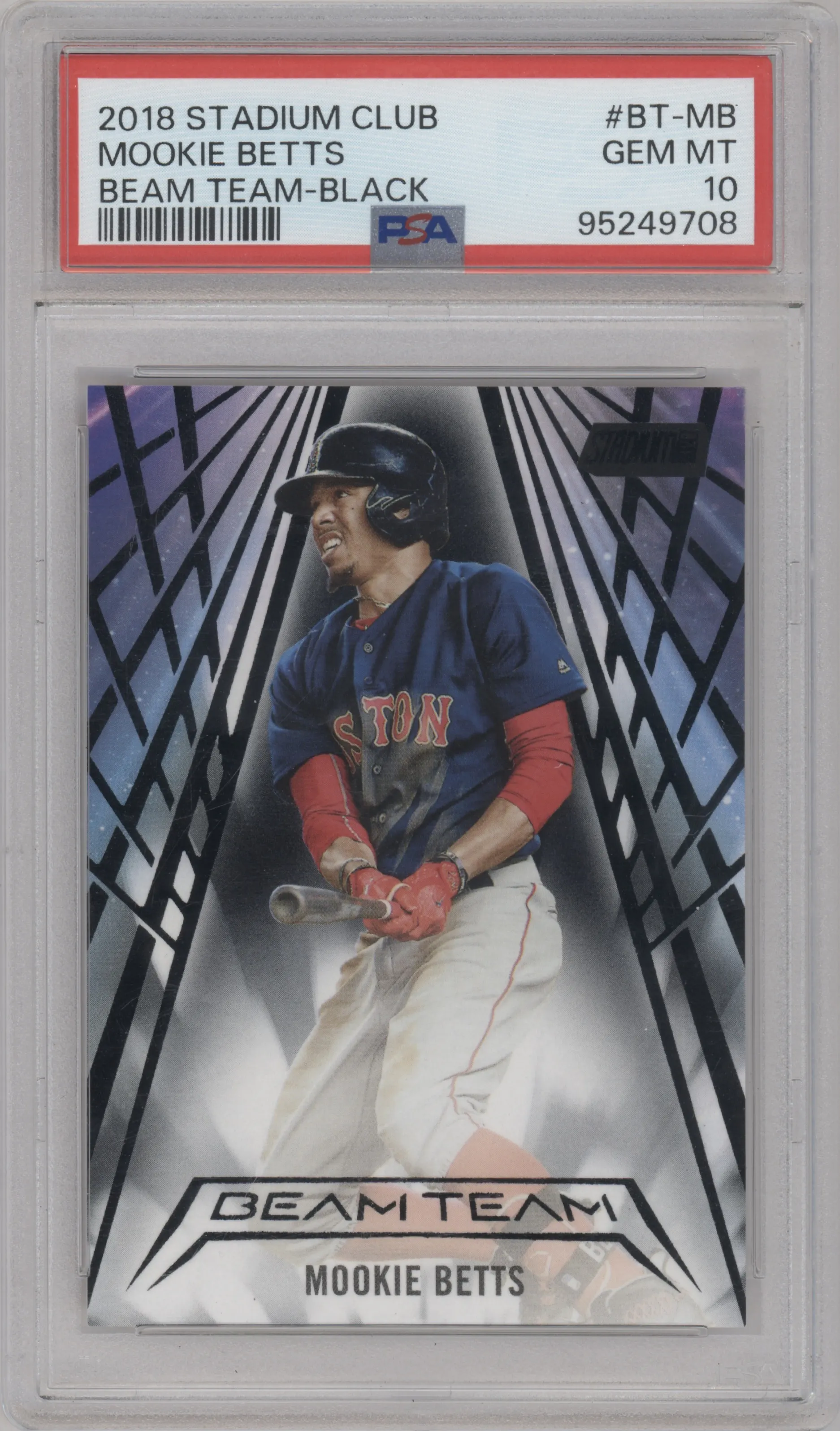 Mookie Betts from the 2018 Topps Stadium Club set featuring a Black parallel graded by PSA and given an overall grade of 10.