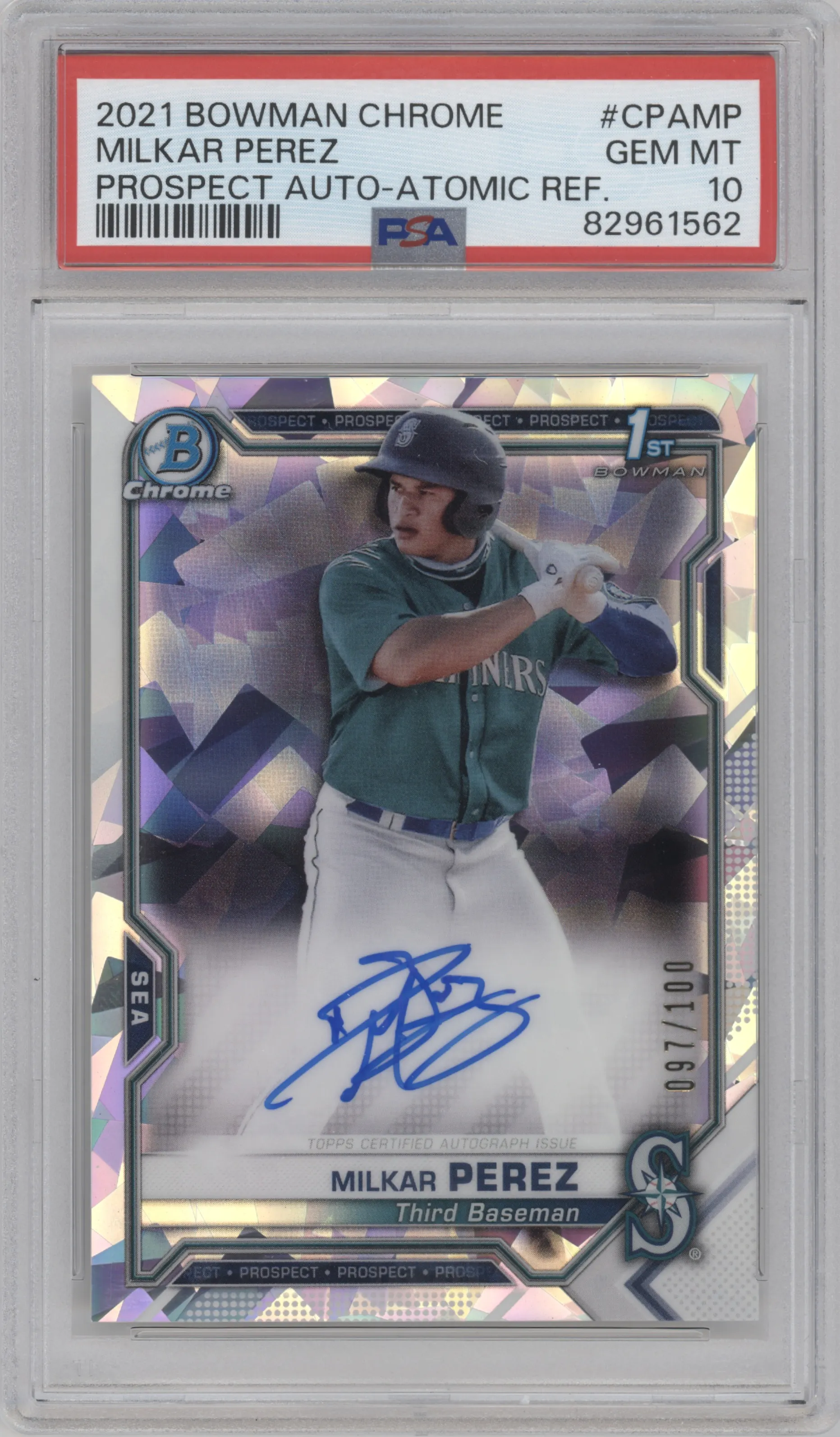 Milkar Perez from the 2021 Bowman Chrome set featuring a Atomic Refractor  parallel graded by PSA and given an overall grade of 10.