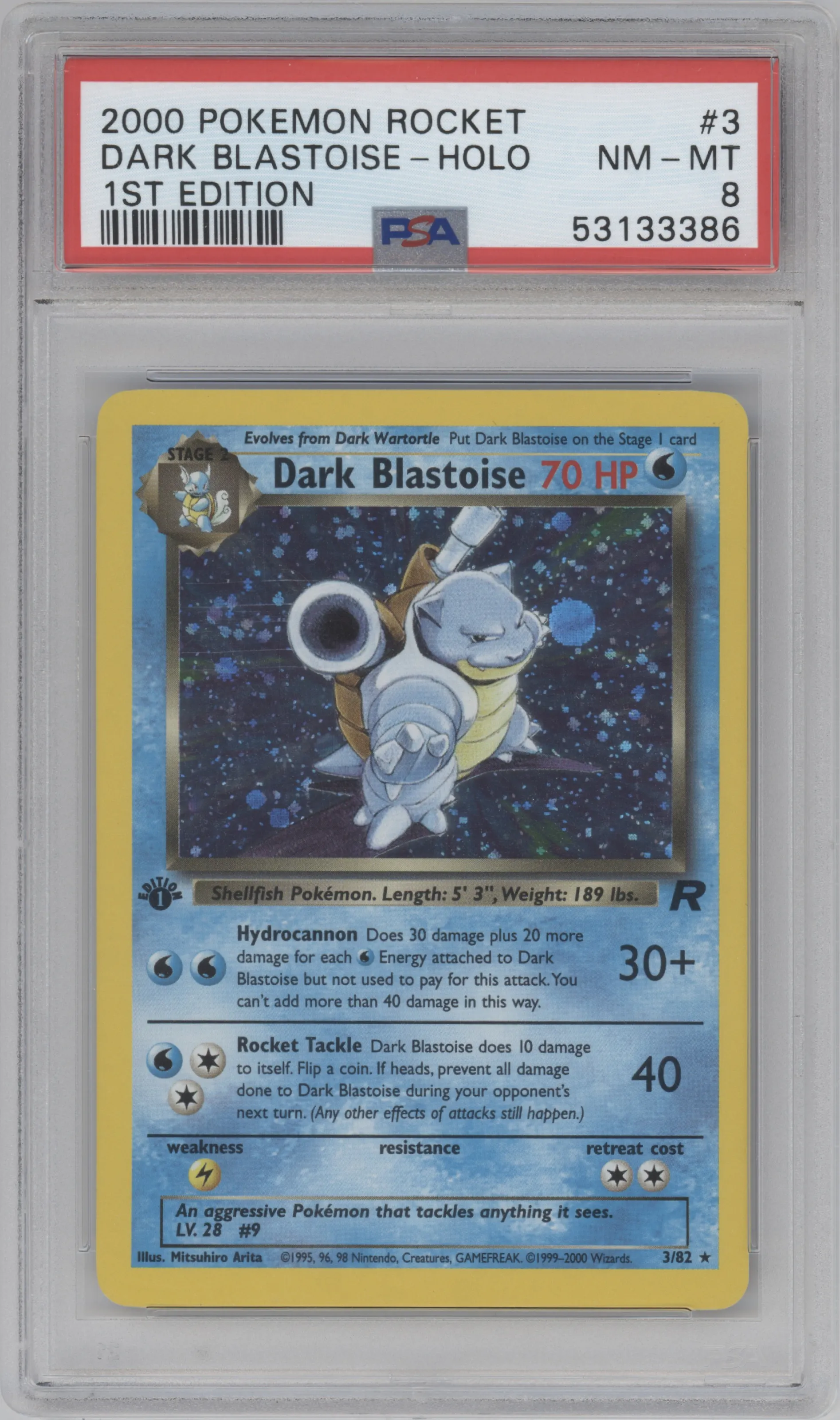 Dark Blastoise from the 2000 Pokemon set graded by PSA and given an overall grade of 8.