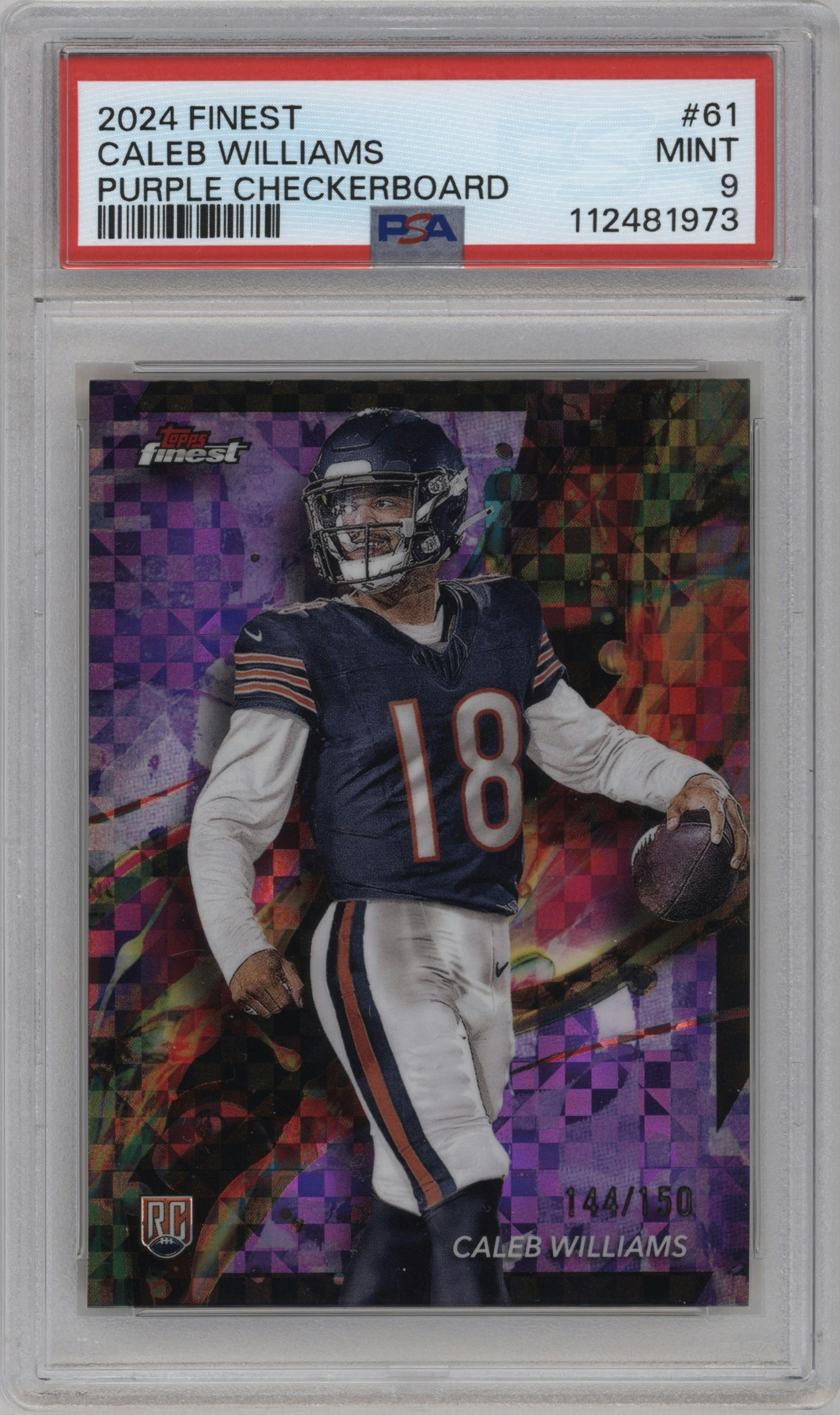 Caleb Williams from the 2024 Finest set featuring a Purple Checkerboard parallel graded by PSA and given an overall grade of 9.