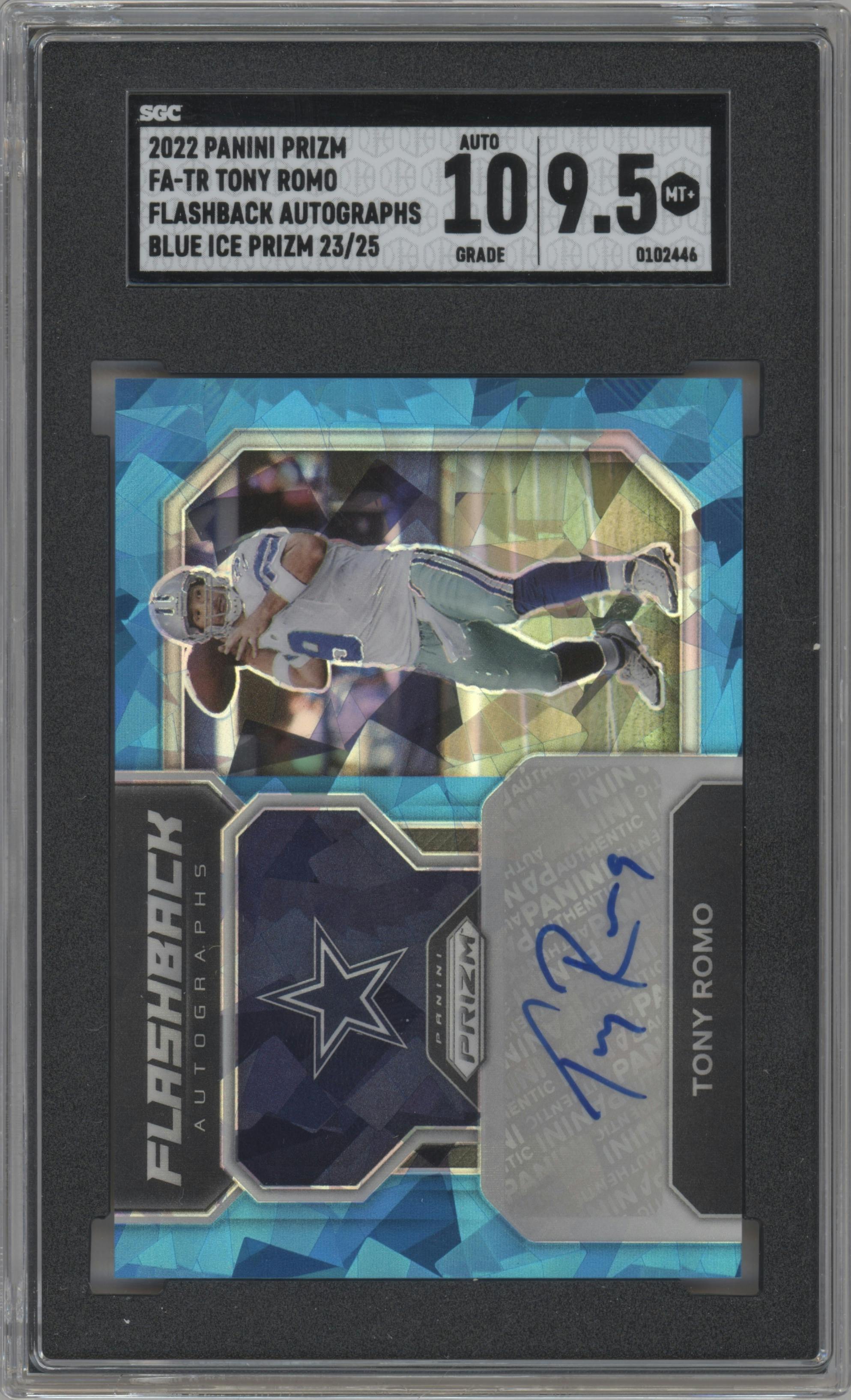Tony Romo from the 2022 Panini Prizm set featuring a Blue Ice parallel graded by SGC and given an overall grade of 9.5.