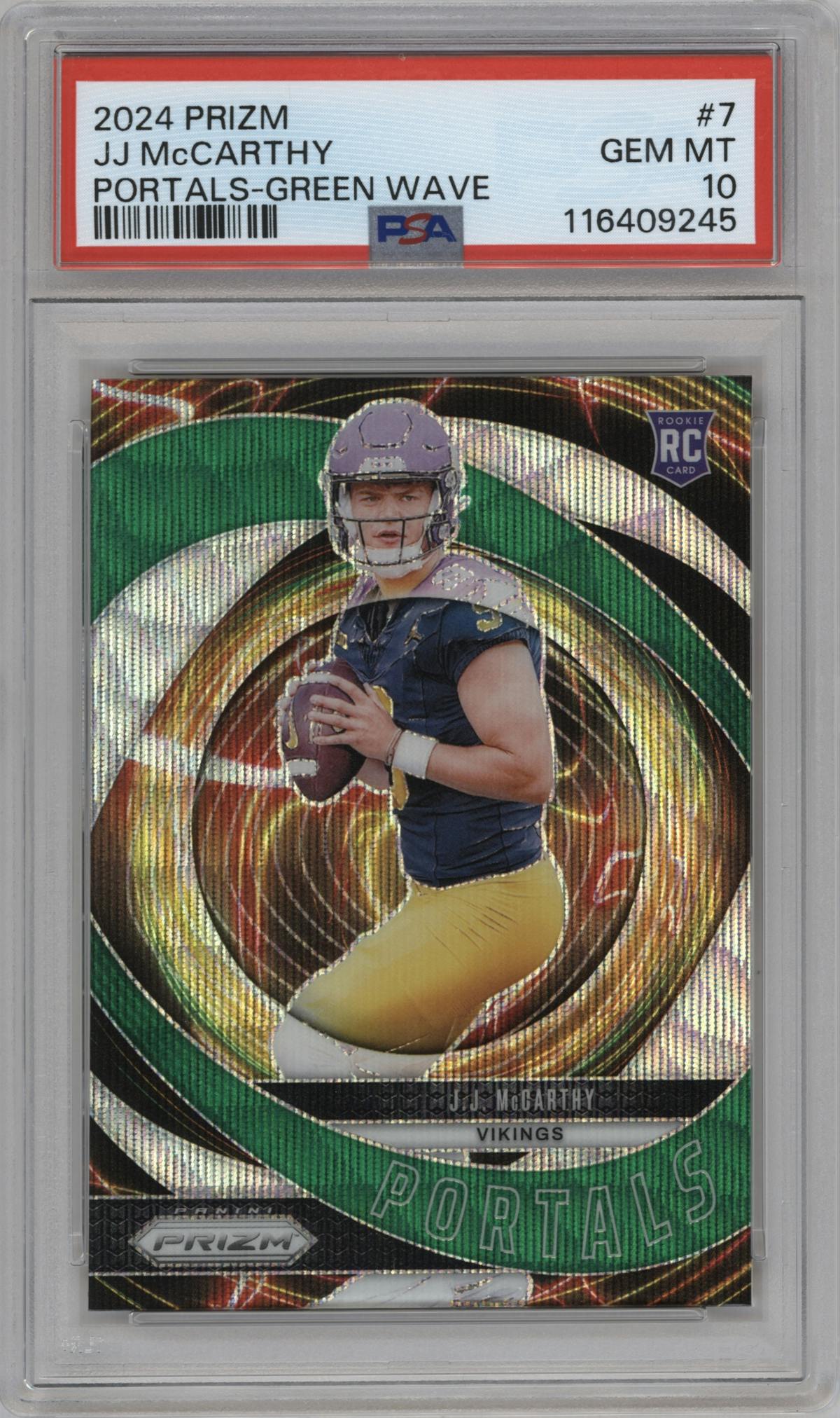 J.J. McCarthy from the 2024 Panini Prizm set featuring a Green Wave parallel graded by PSA and given an overall grade of 10.