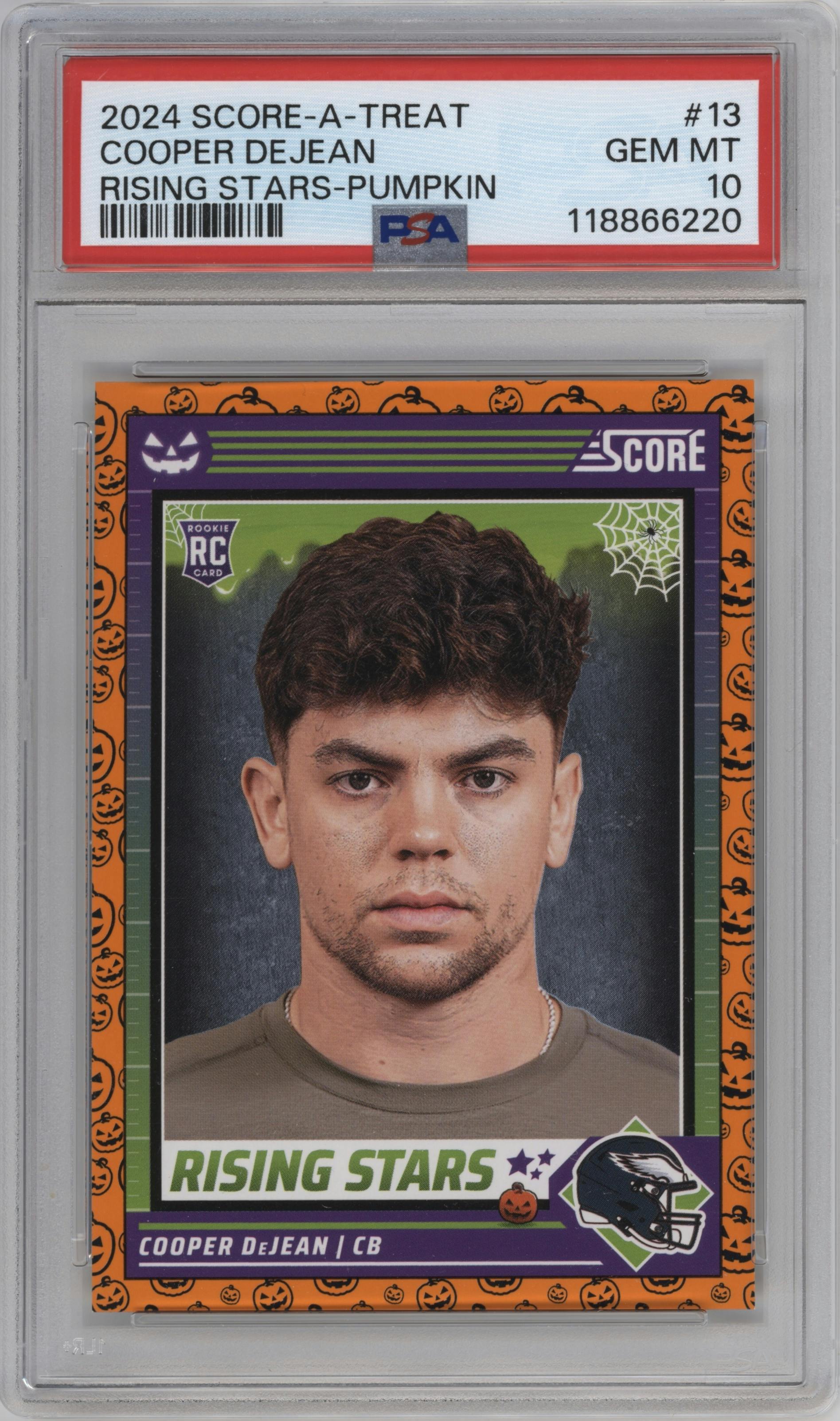 Cooper DeJean from the 2024 Score-a-Treat set featuring a Pumpkin parallel graded by PSA and given an overall grade of 10.