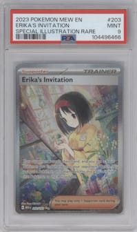 Erika's Invitation from the 2023 Pokemon SV set graded by PSA and given an overall grade of 9.