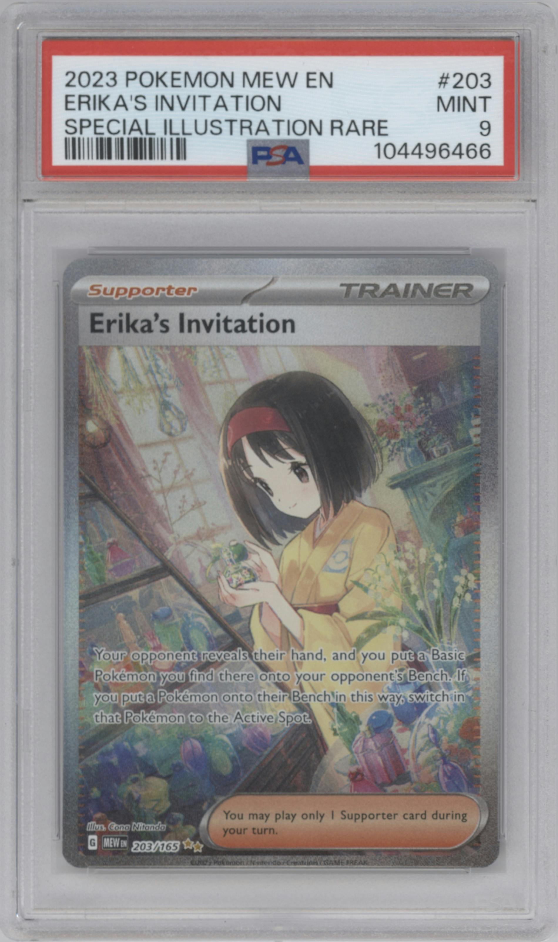 Erika's Invitation from the 2023 Pokemon SV set graded by PSA and given an overall grade of 9.