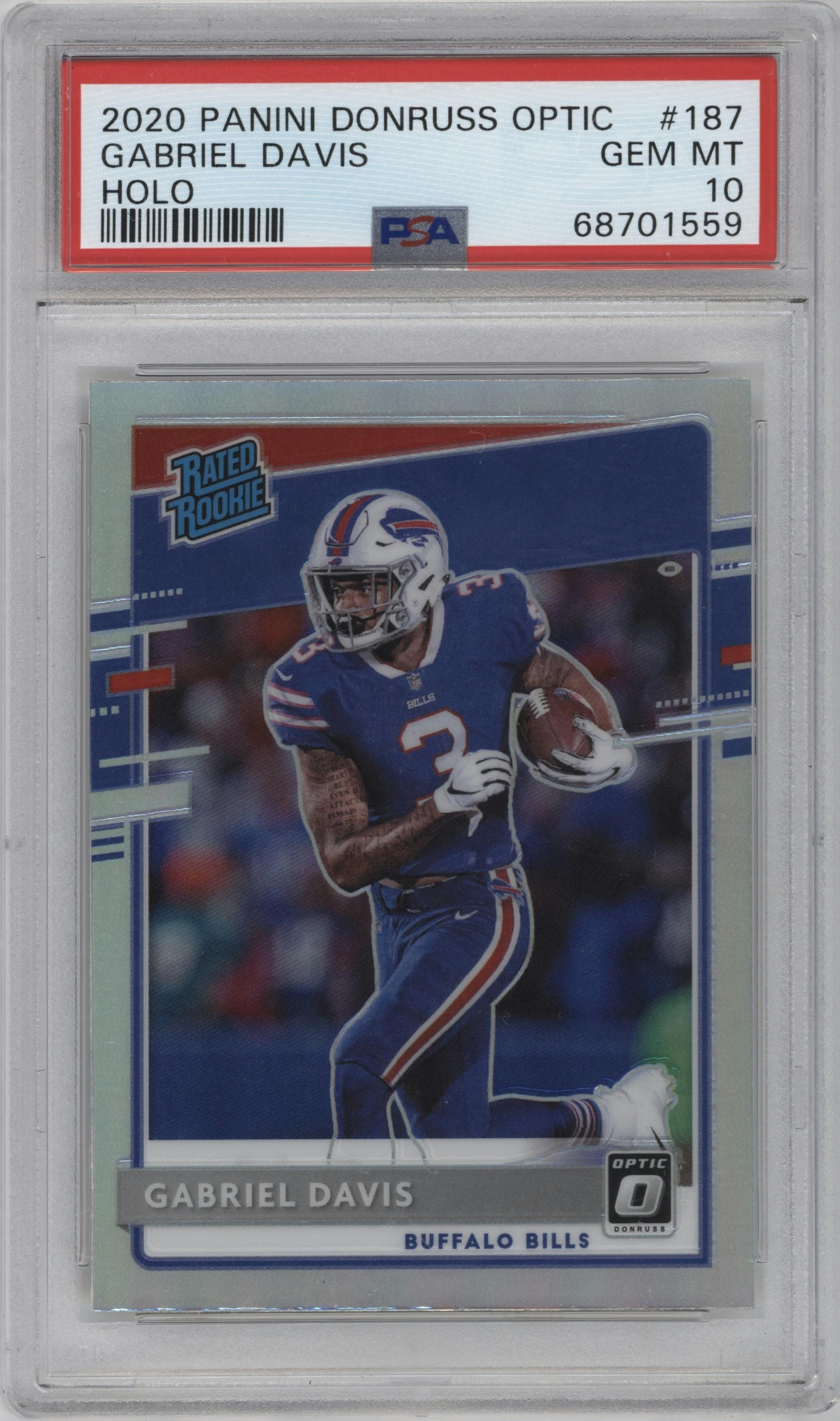 Gabriel Davis from the 2020 Panini Donruss Optic set featuring a Holo parallel graded by PSA and given an overall grade of 10.