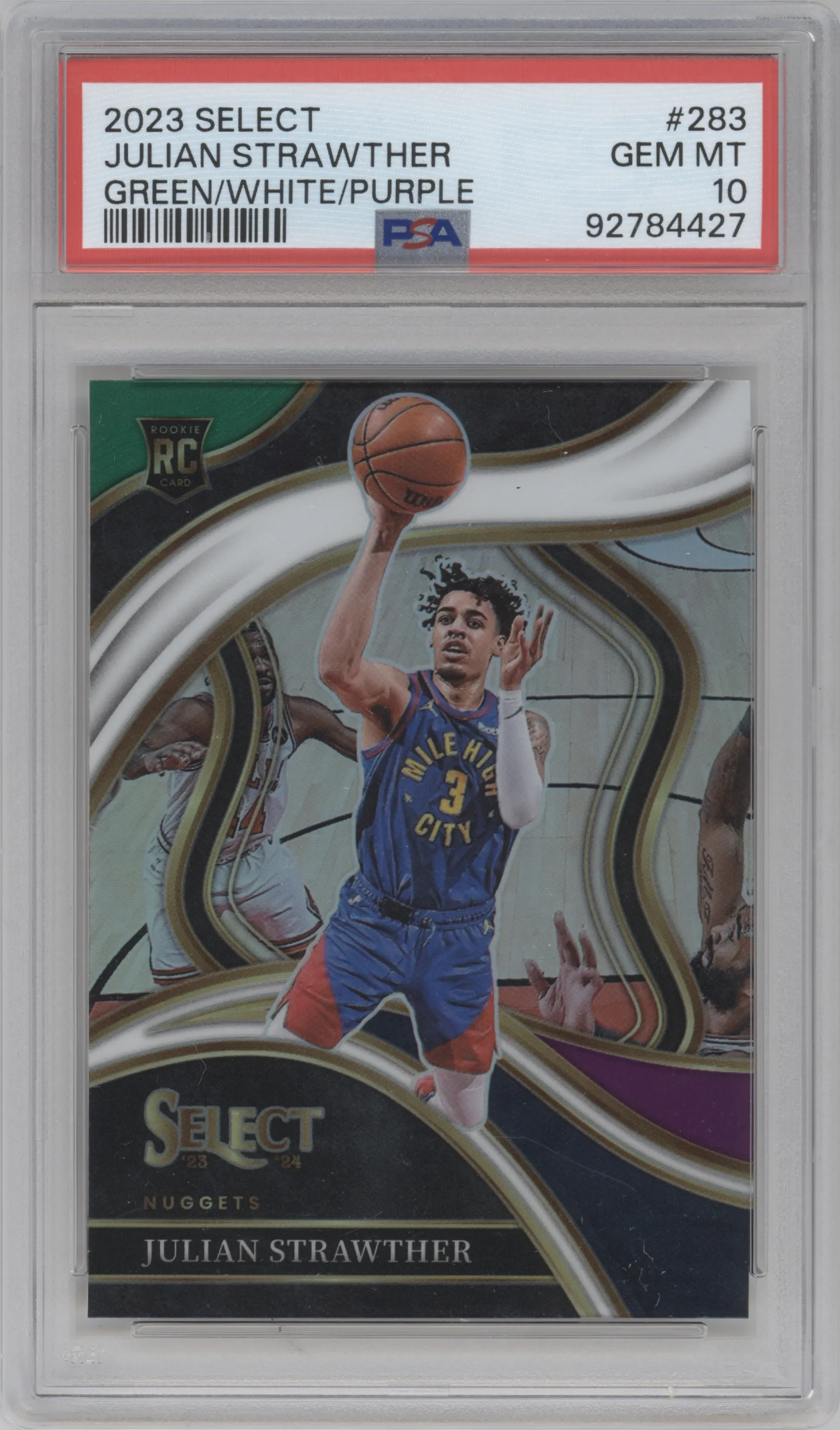 Julian Strawther from the 2023-24 Panini Select  set featuring a Green White Purple Prizm parallel graded by PSA and given an overall grade of 10.