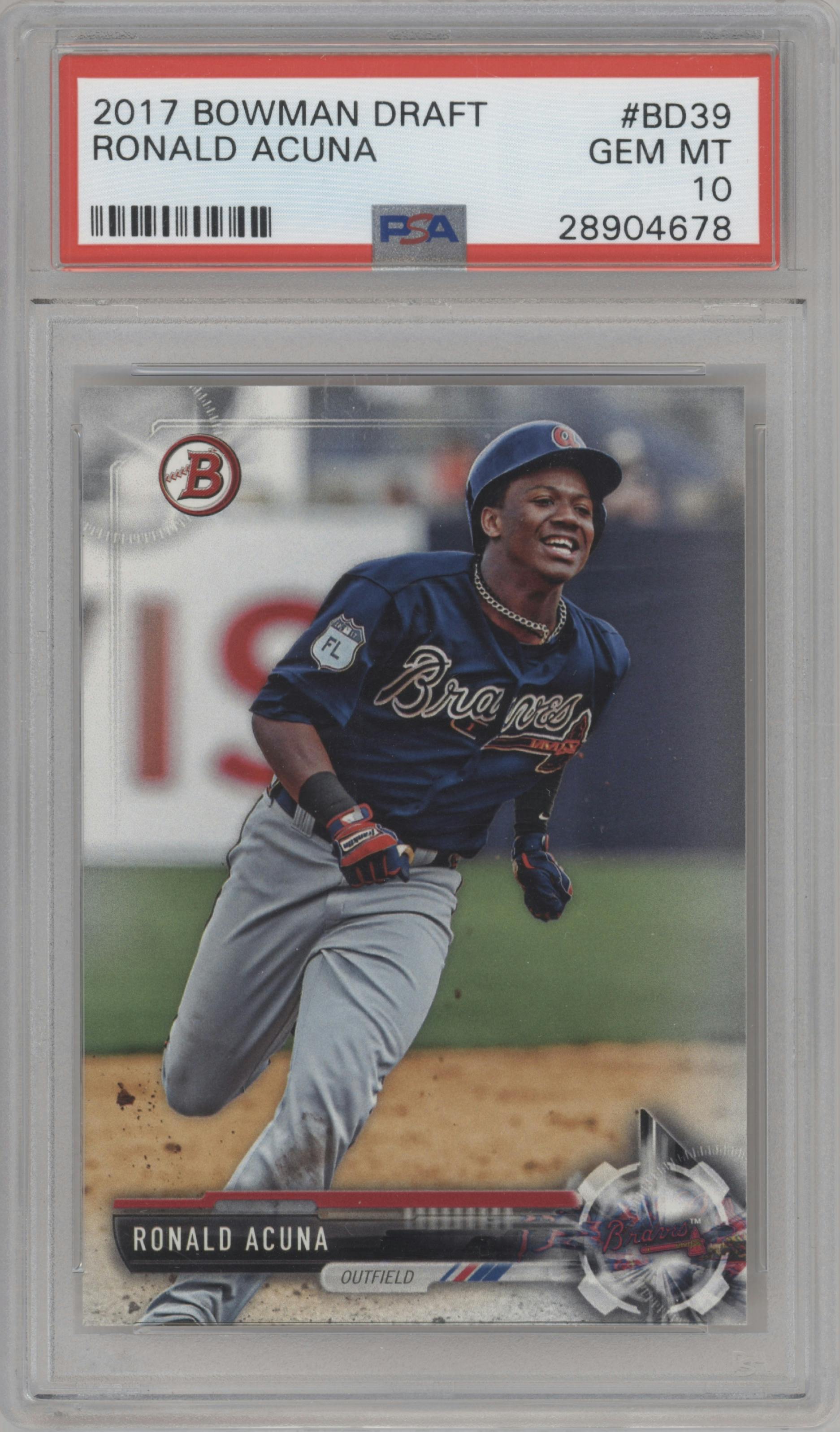 Ronald Acuna from the 2017 Bowman Draft set graded by PSA and given an overall grade of 10.