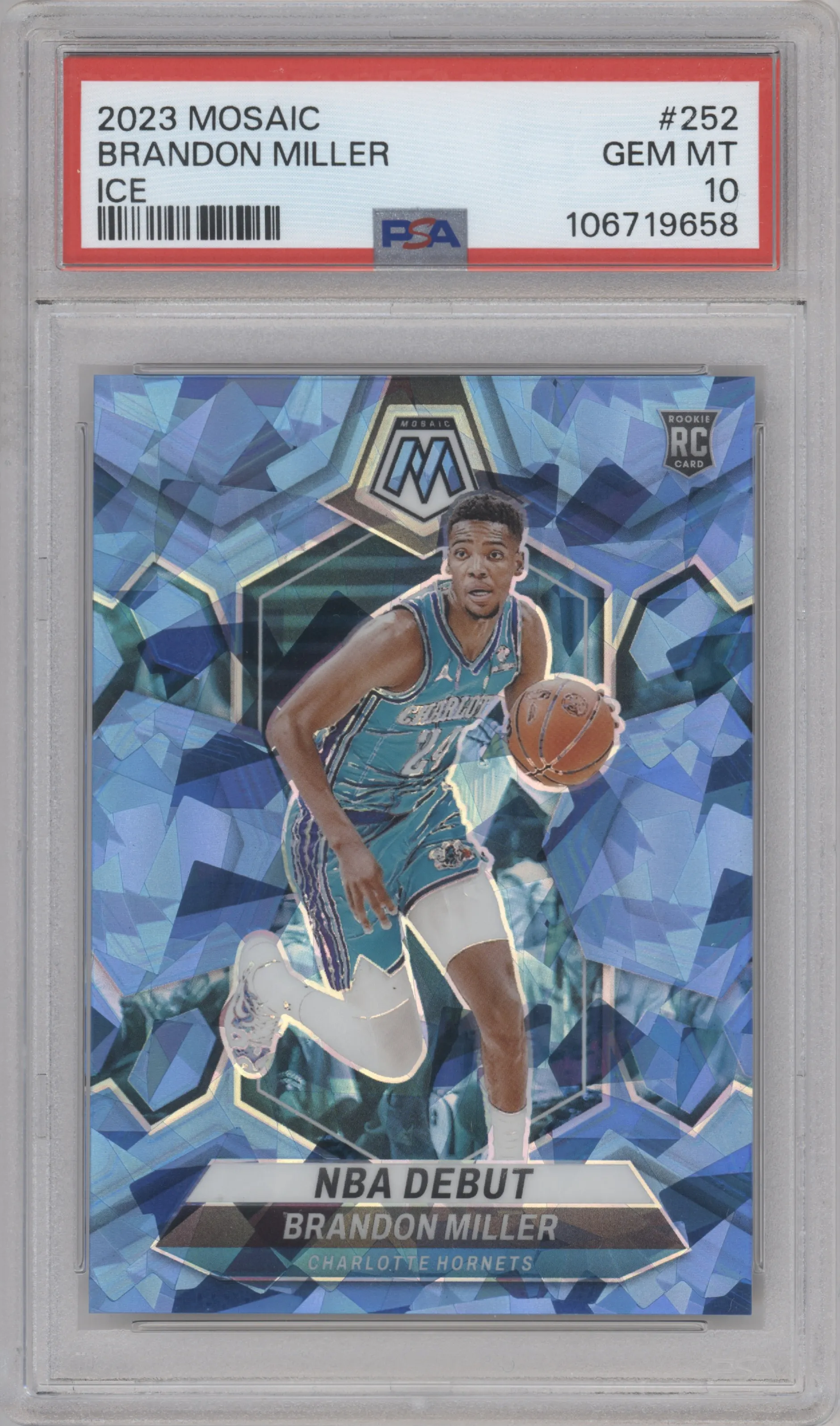Brandon Miller from the 2023-24 Panini Mosaic set featuring a Ice Mosaic parallel graded by PSA and given an overall grade of 10.