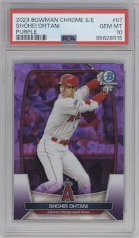 Shohei Ohtani from the 2023 Bowman Chrome Sapphire Edition set featuring a Purple parallel graded by PSA and given an overall grade of 10.