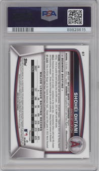 Shohei Ohtani from the 2023 Bowman Chrome Sapphire Edition set featuring a Purple parallel graded by PSA and given an overall grade of 10.