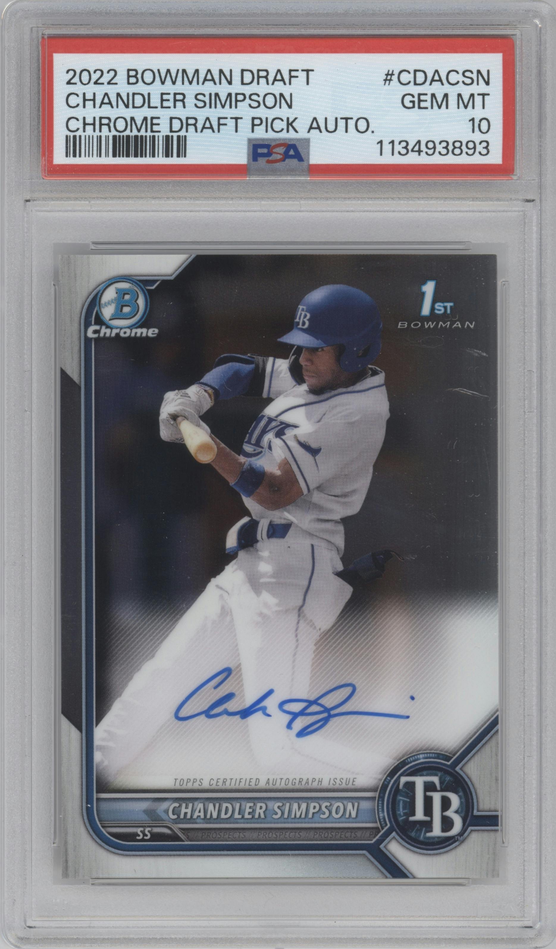 Chandler Simpson from the 2022 Bowman Draft set graded by PSA and given an overall grade of 10.