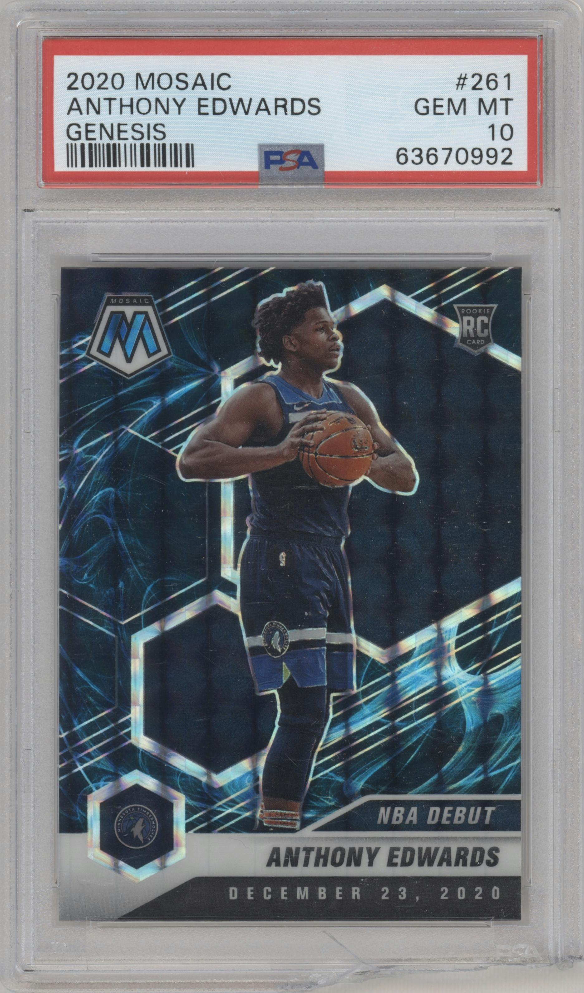 Anthony Edwards from the 2020-21 Panini Mosaic set featuring a Genesis  parallel graded by PSA and given an overall grade of 10.