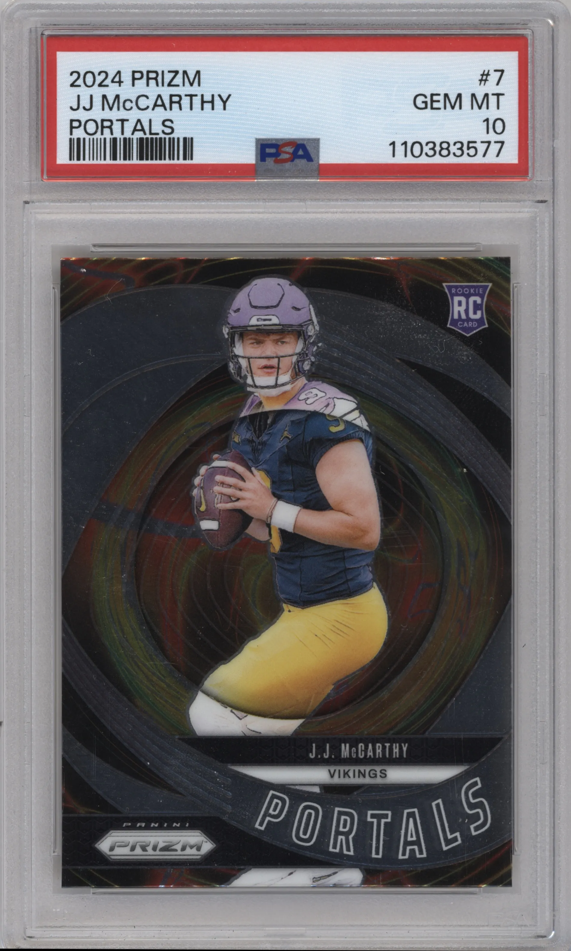 J.J. McCarthy from the 2024 Panini Prizm set graded by PSA and given an overall grade of 10.