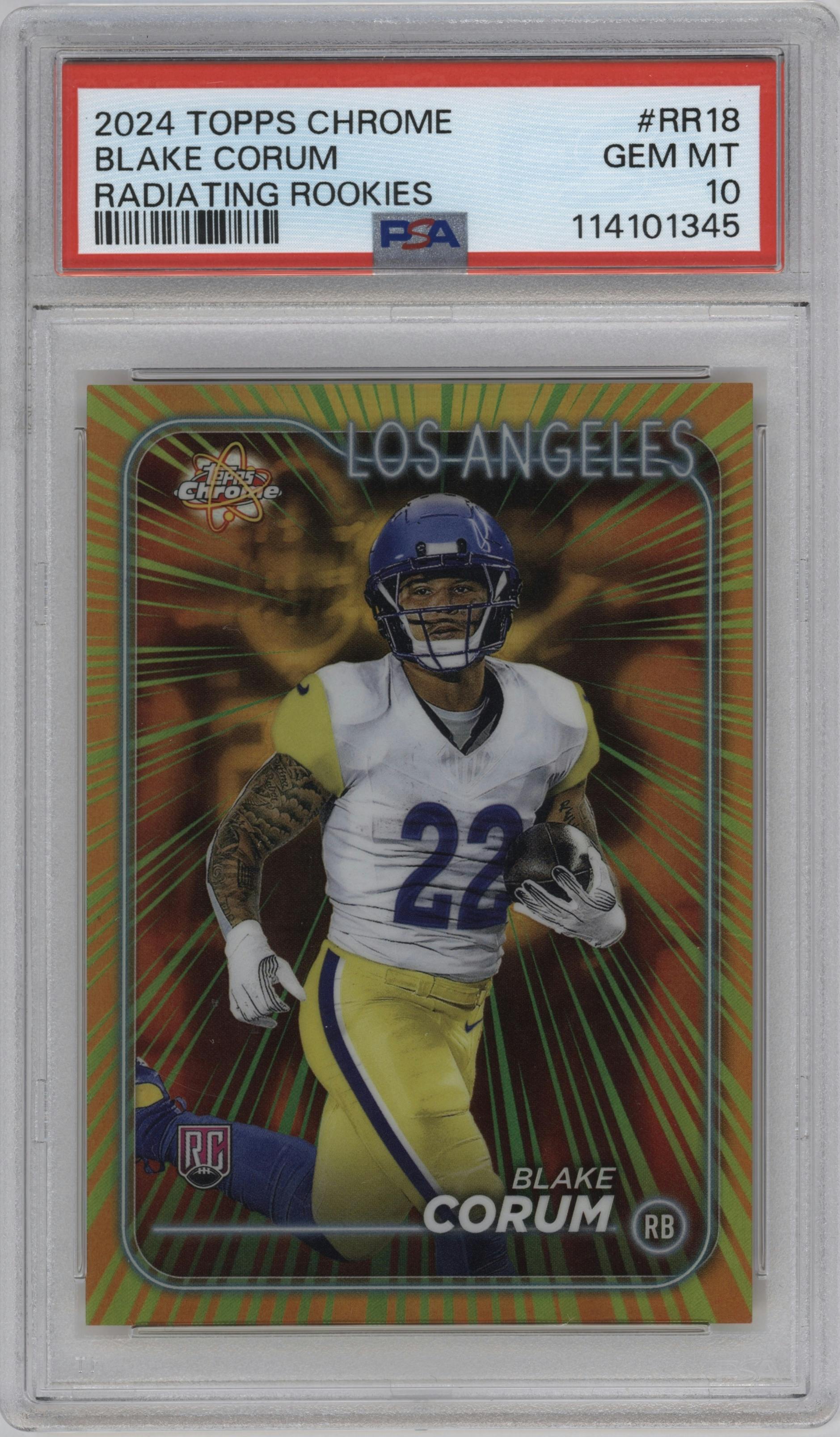 Blake Corum from the 2024 Topps Chrome set graded by PSA and given an overall grade of 10.