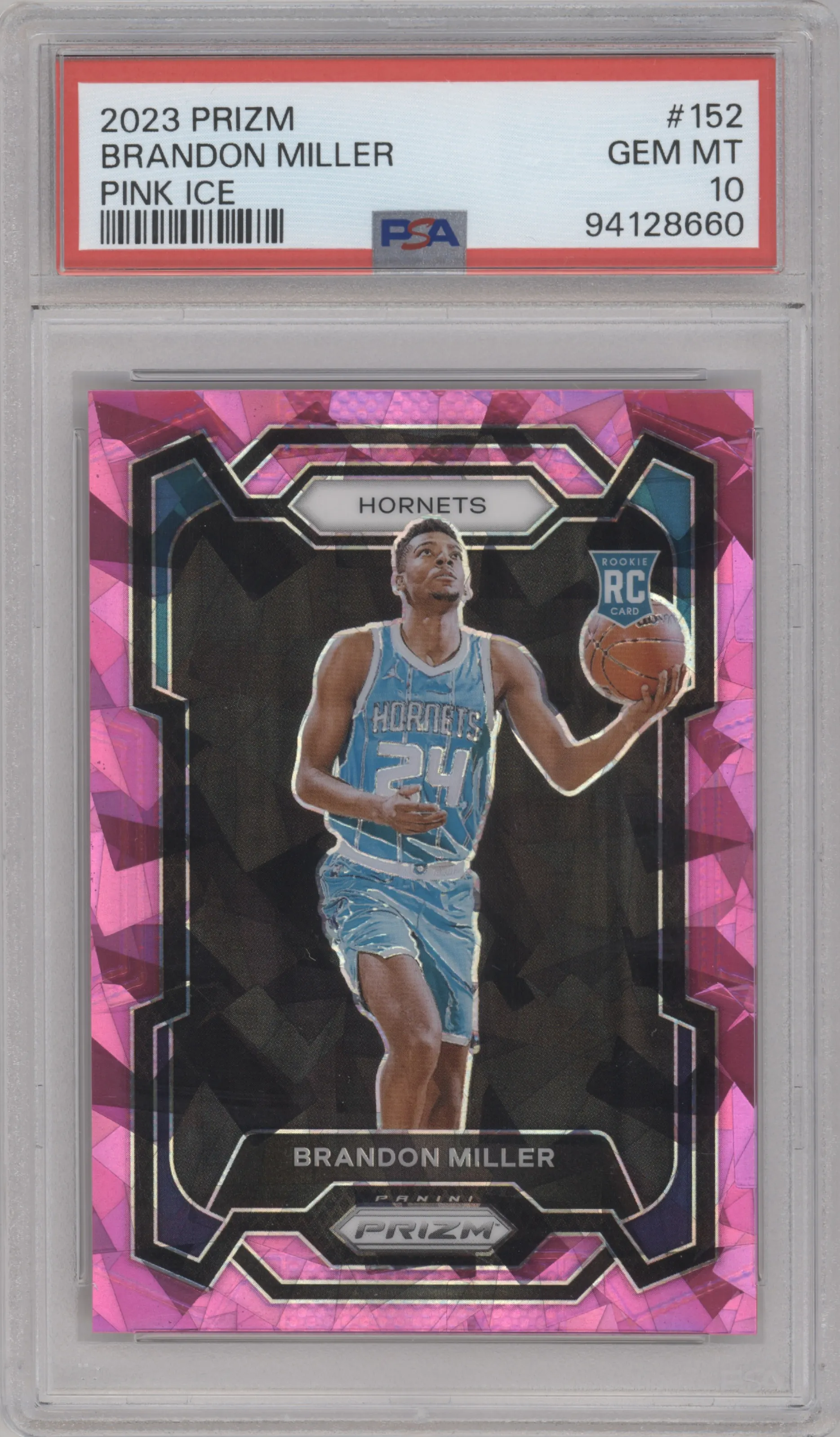 Brandon Miller from the 2023-24 Panini Prizm set featuring a Pink Ice parallel graded by PSA and given an overall grade of 10.