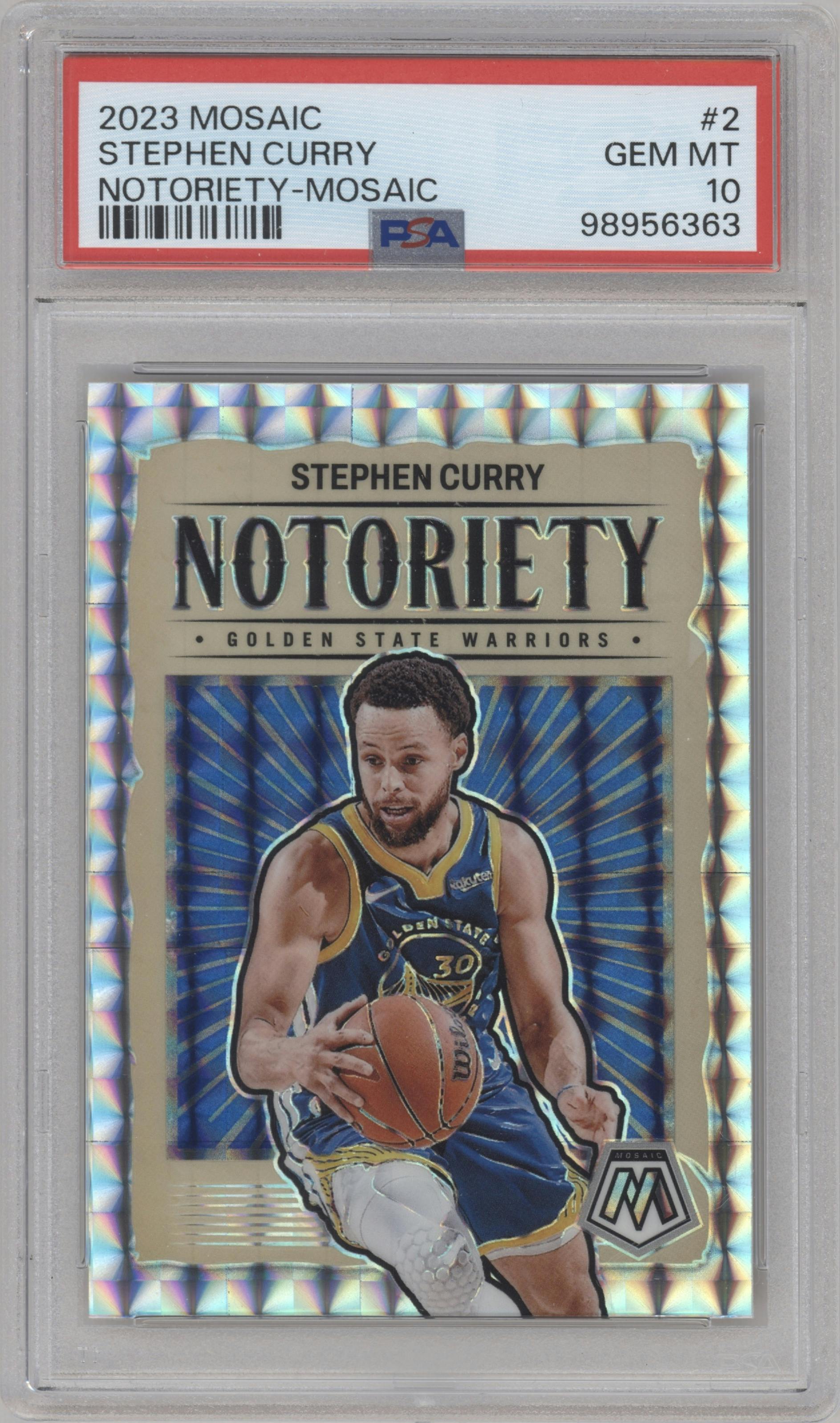 Stephen Curry from the 2023-24 Panini Mosaic set featuring a Mosaic parallel graded by PSA and given an overall grade of 10.