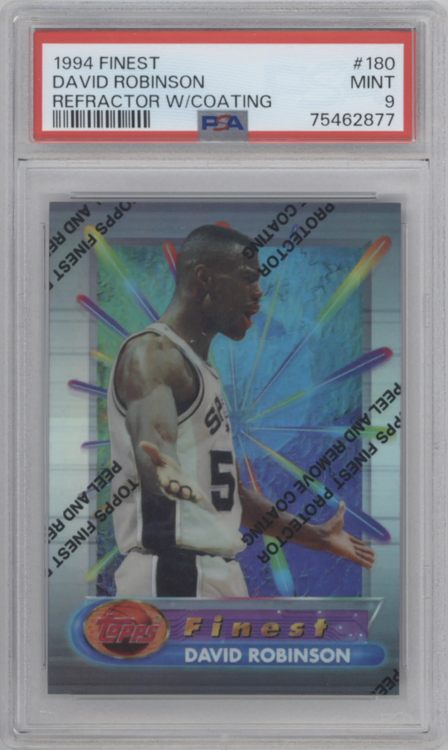 David Robinson from the 1994-95 Topps Finest  set featuring a Refractor W/Coating  parallel graded by PSA and given an overall grade of 9.