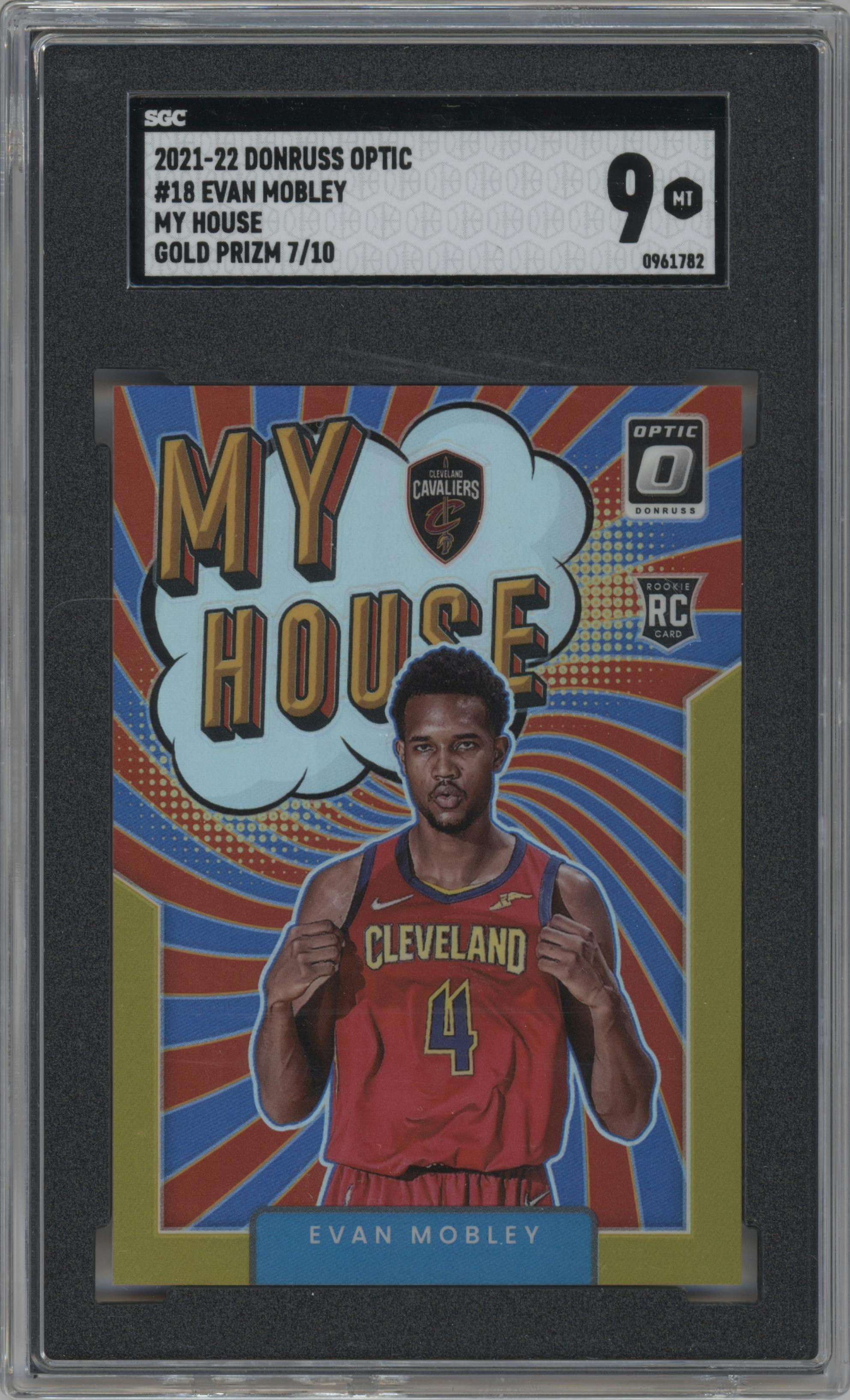 Evan Mobley from the 2021-22 Panini Donruss Optic set featuring a Gold parallel graded by SGC and given an overall grade of 9.