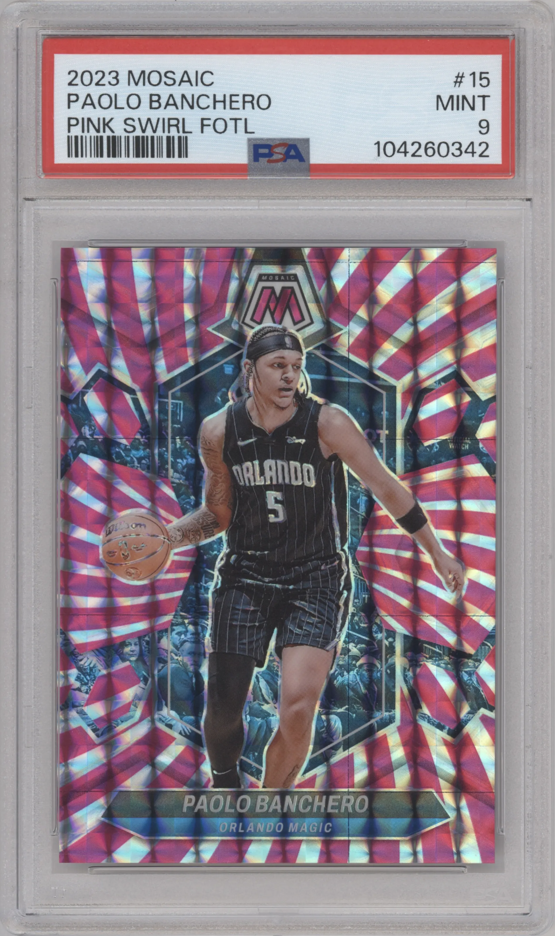 Paolo Banchero from the 2023-24 Panini Mosaic set featuring a Pink Swirl FOTL Mosaic parallel graded by PSA and given an overall grade of 9.