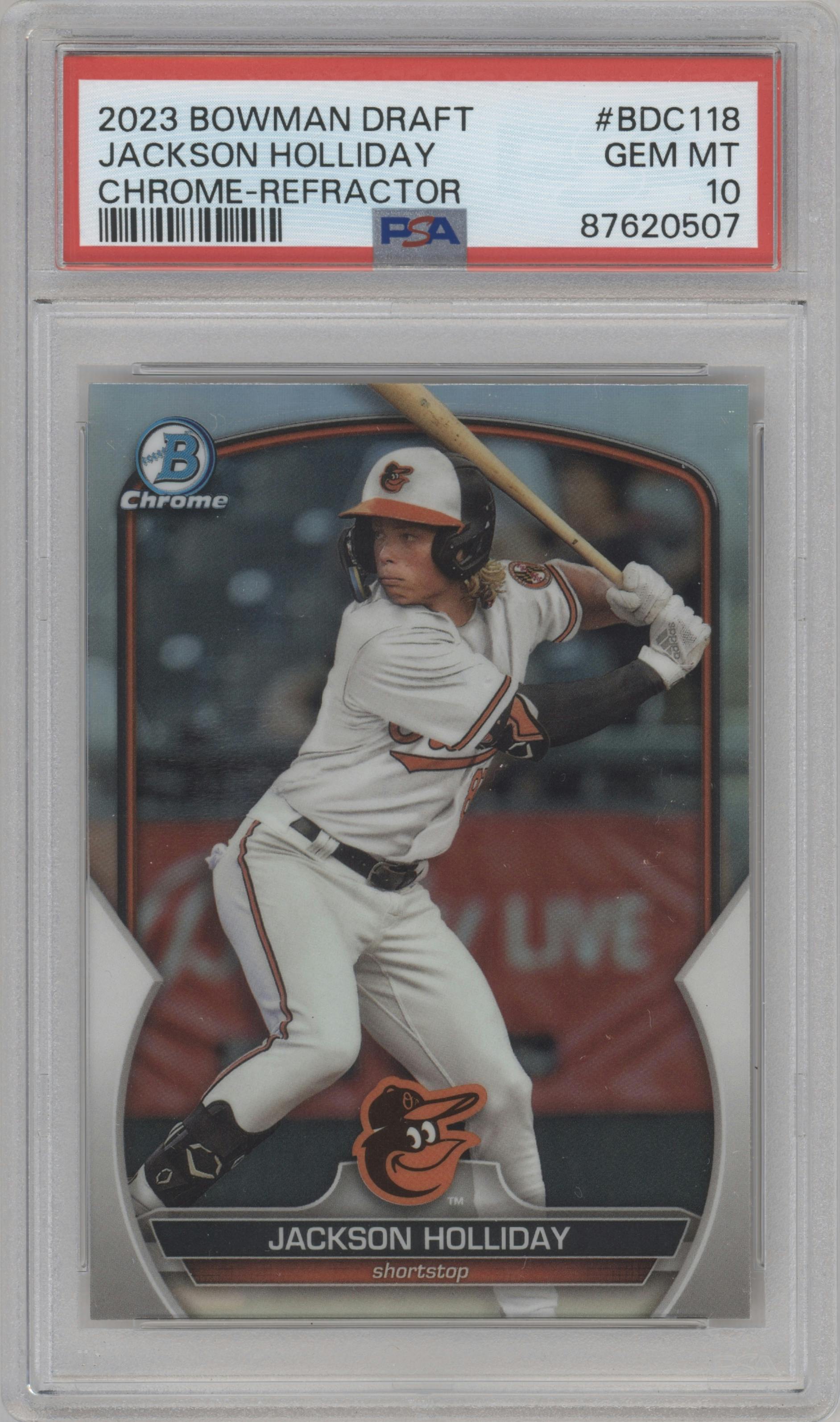 Jackson Holliday from the 2023 Bowman Draft set featuring a Refractor parallel graded by PSA and given an overall grade of 10.