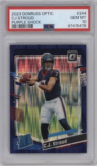 C.J. Stroud from the 2023 Donruss Optic set featuring a  Purple Shock parallel graded by PSA and given an overall grade of 10.