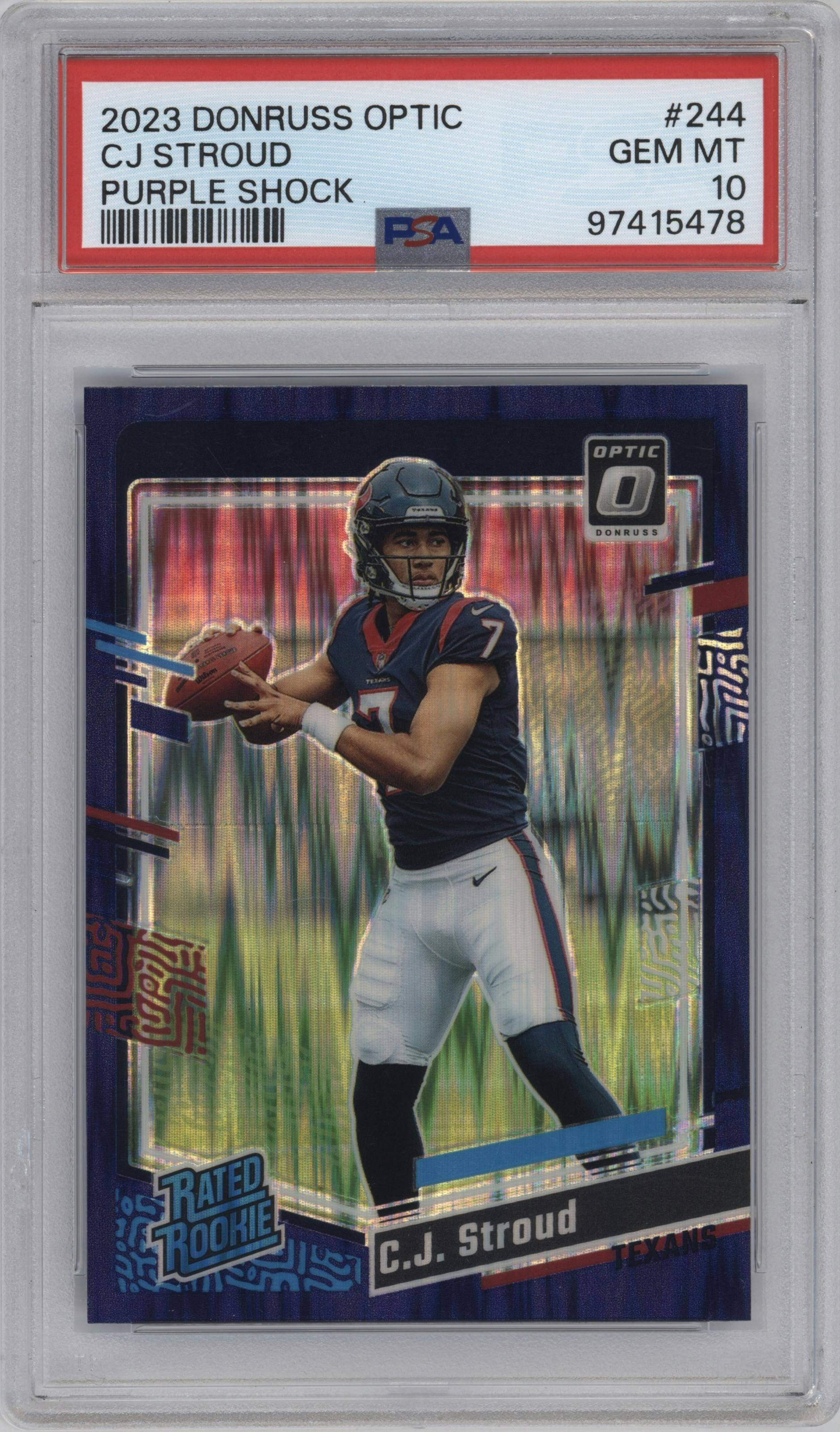 C.J. Stroud from the 2023 Donruss Optic set featuring a  Purple Shock parallel graded by PSA and given an overall grade of 10.