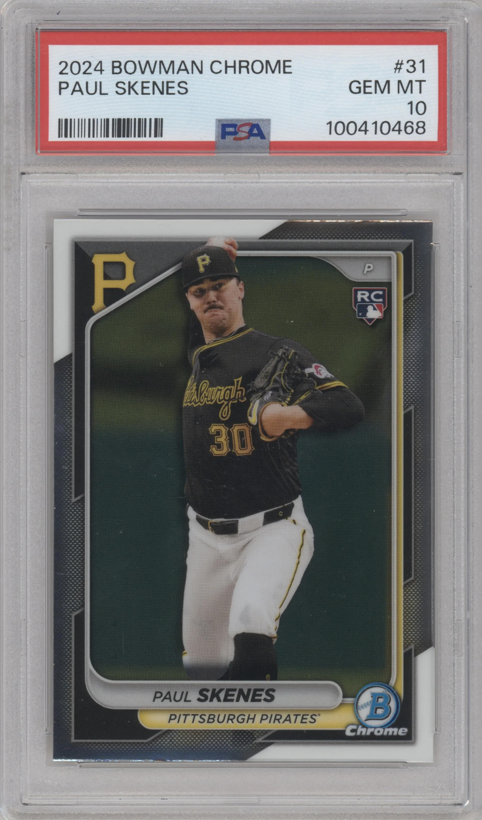 Paul Skenes from the 2024 Bowman Chrome set graded by PSA and given an overall grade of 10.