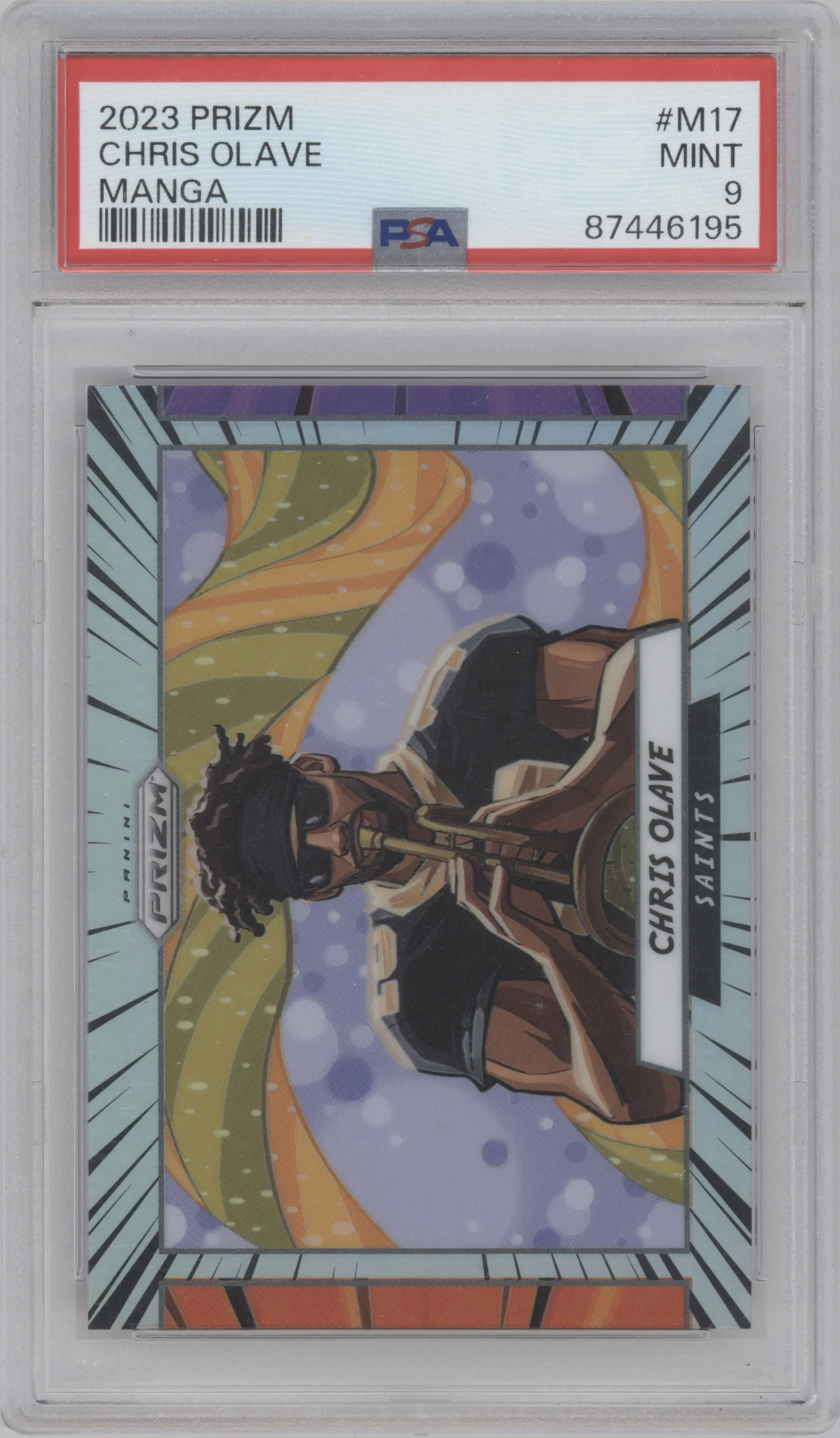 Chris Olave from the 2023 Panini Prizm set graded by PSA and given an overall grade of 9.