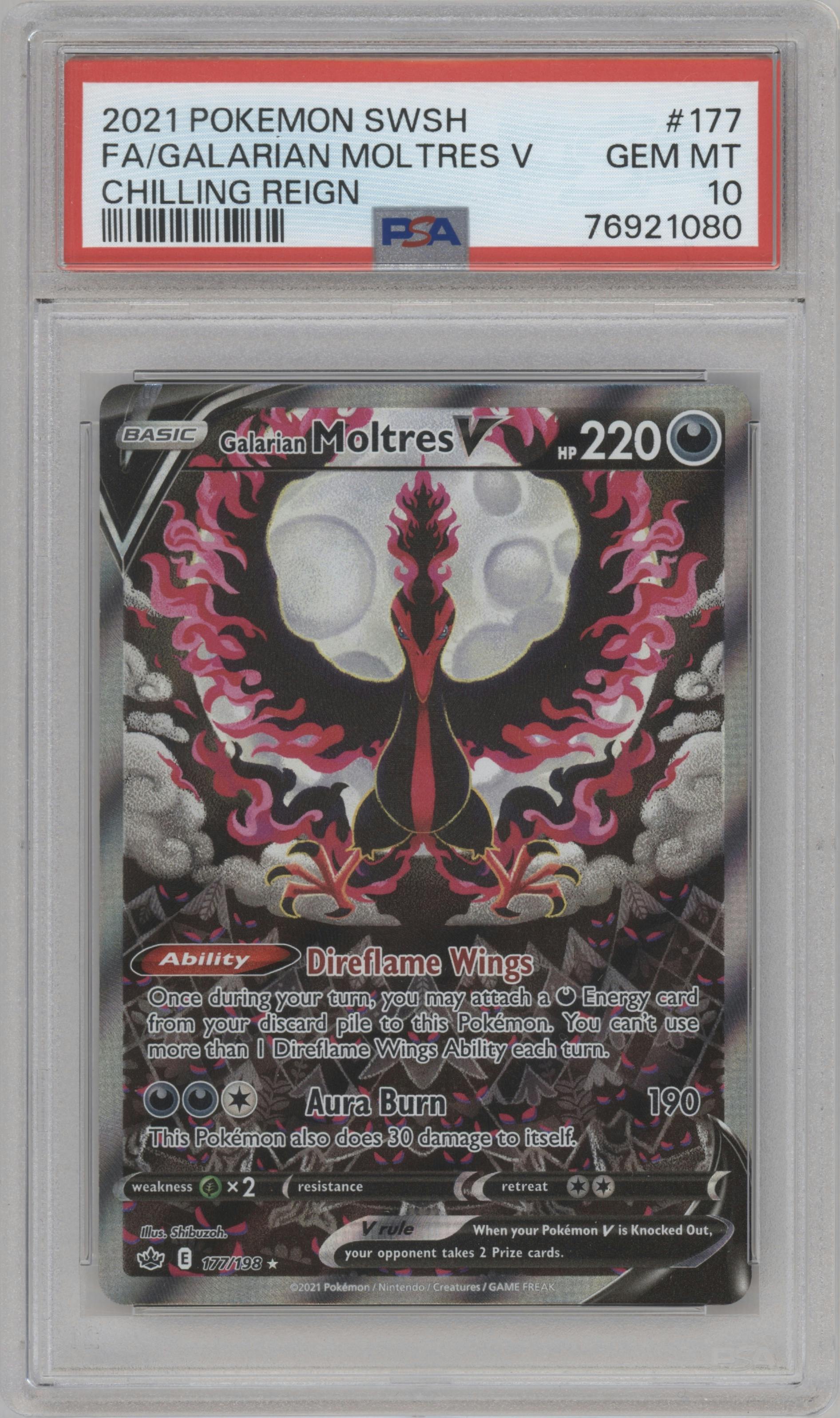 Galarian Moltres V from the 2021 Pokemon SWSH set graded by PSA and given an overall grade of 10.