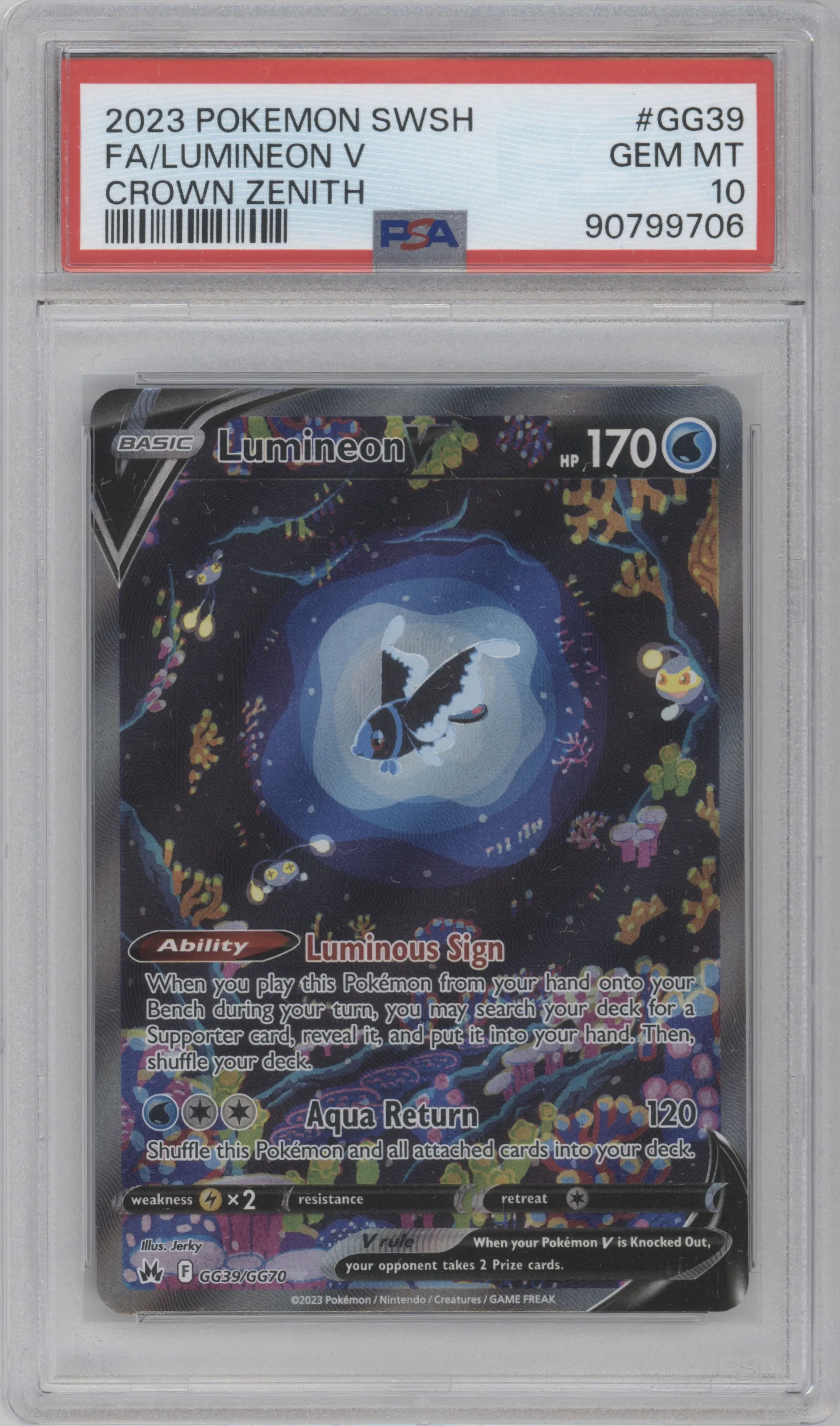 Lumineon V from the 2023 Pokemon SWSH set graded by PSA and given an overall grade of 10.