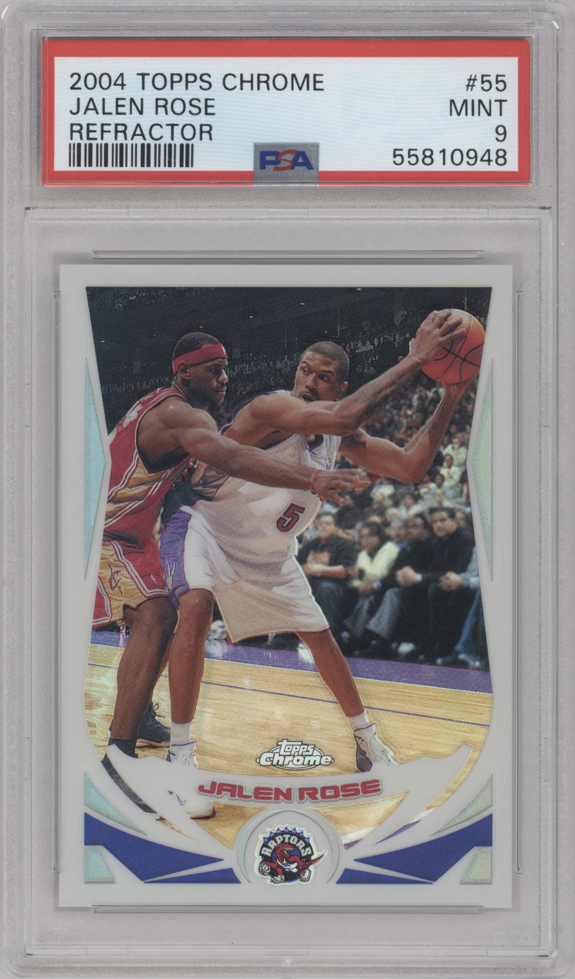 Jalen Rose from the 2004-05 Topps Chrome set featuring a Refractor parallel graded by PSA and given an overall grade of 9.
