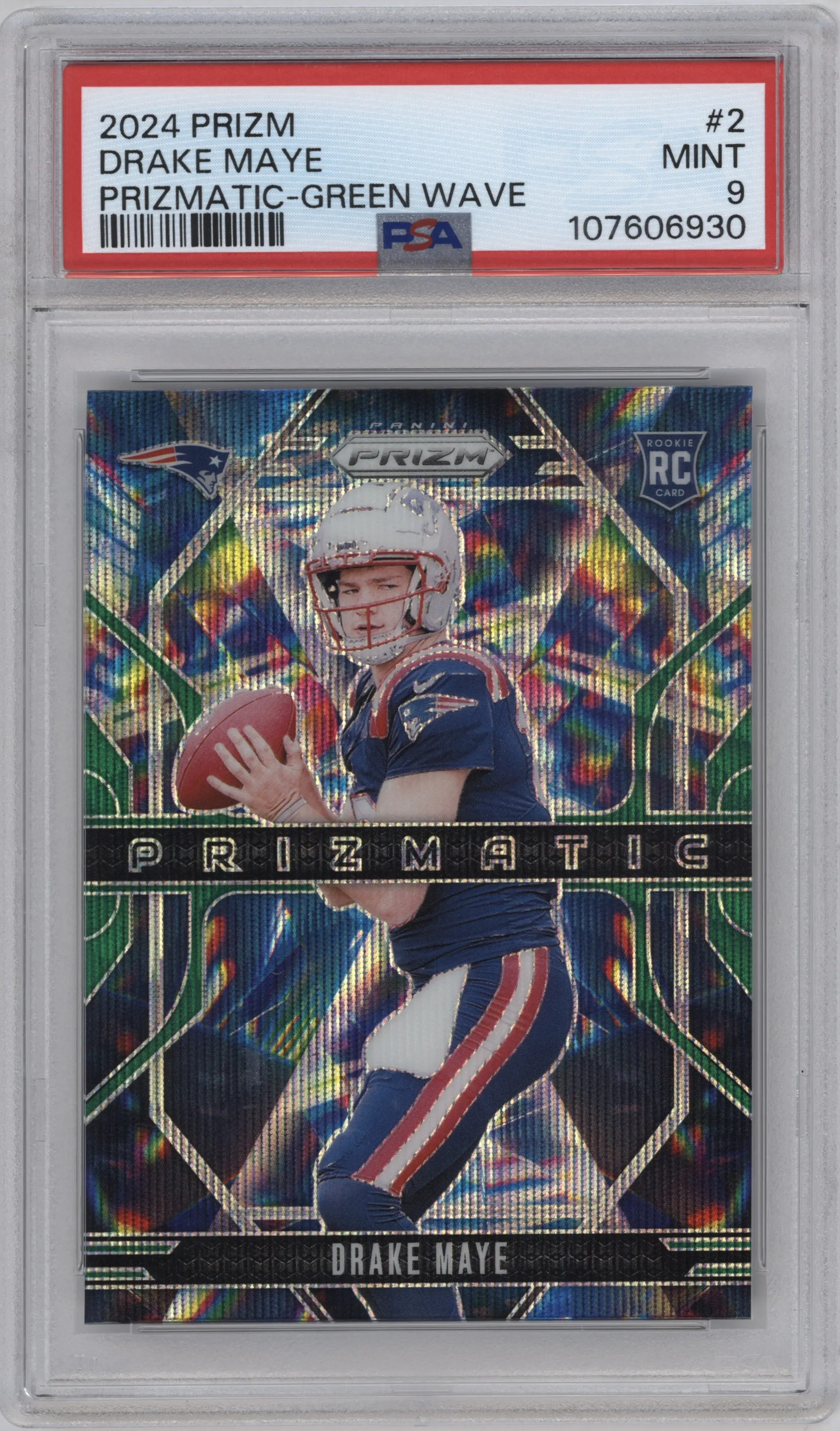 Drake Maye from the 2024 Panini Prizm set featuring a Green Wave parallel graded by PSA and given an overall grade of 9.