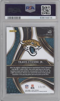 Travis Etienne from the 2020 Panini Select set featuring a  Tie-Dye parallel graded by PSA and given an overall grade of 10.