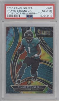 Travis Etienne from the 2020 Panini Select set featuring a  Tie-Dye parallel graded by PSA and given an overall grade of 10.