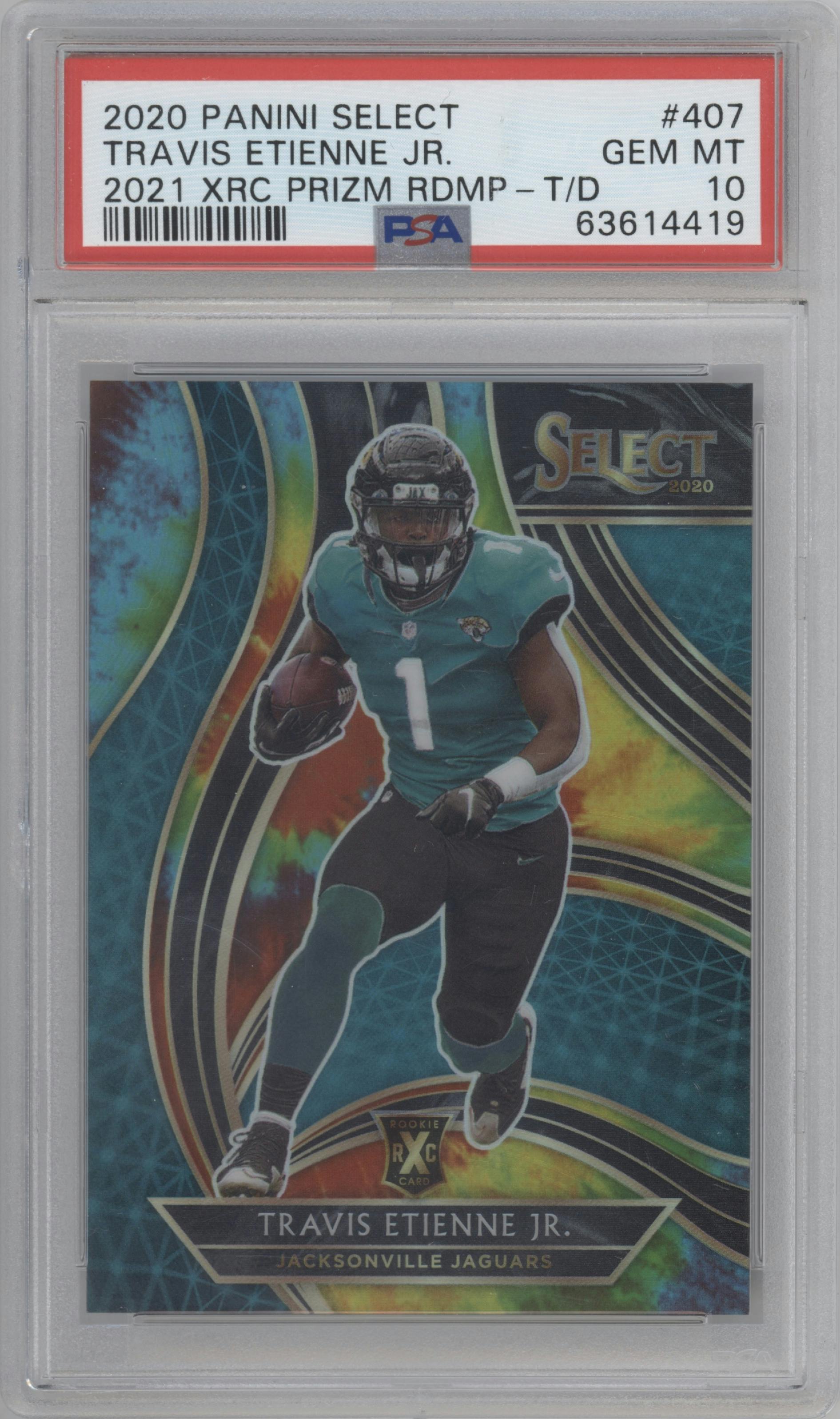 Travis Etienne from the 2020 Panini Select set featuring a  Tie-Dye parallel graded by PSA and given an overall grade of 10.