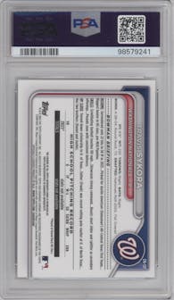 Travis Sykora from the 2024 Bowman set featuring a Speckle Refractor parallel graded by PSA and given an overall grade of 9.