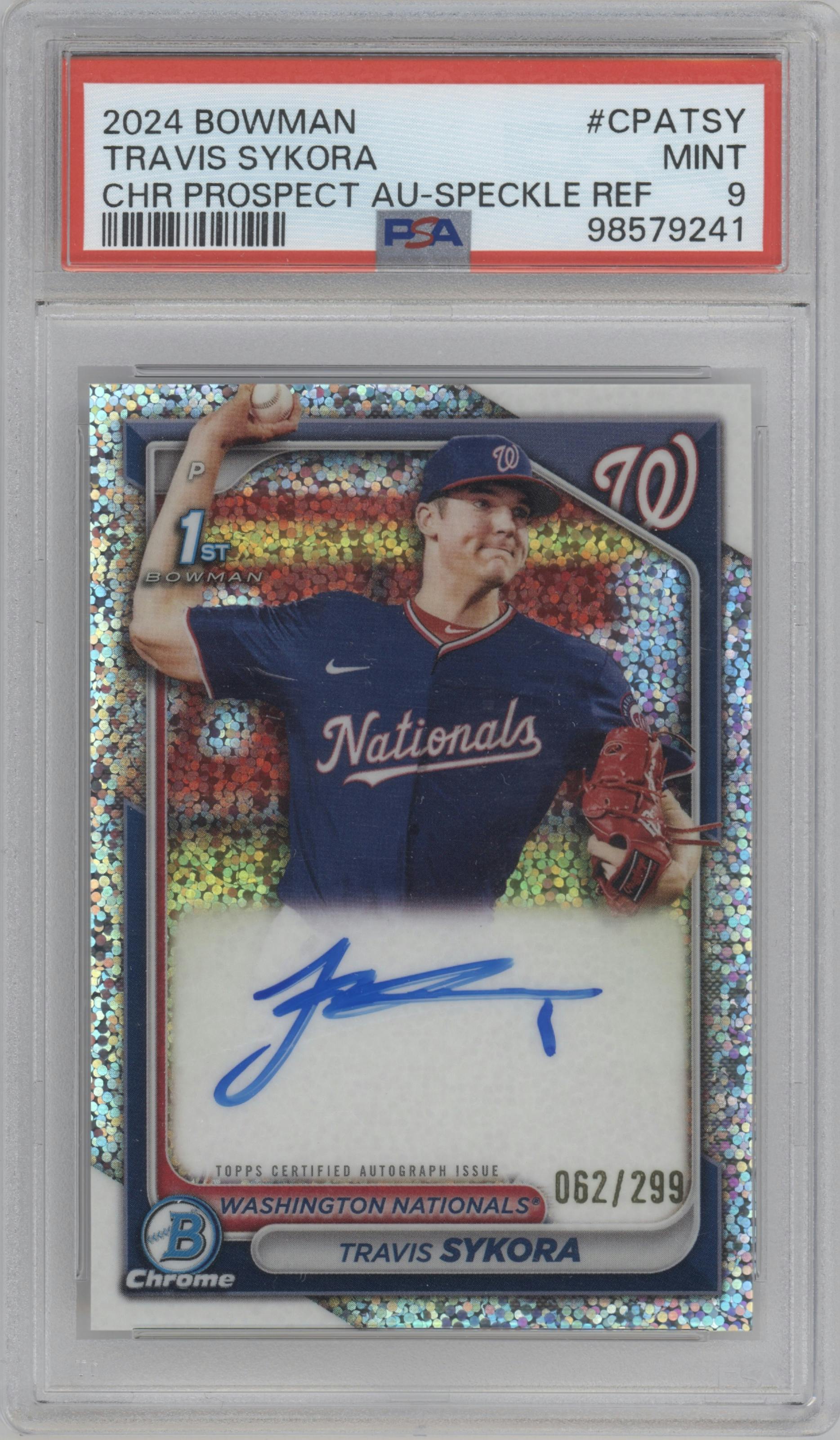 Travis Sykora from the 2024 Bowman set featuring a Speckle Refractor parallel graded by PSA and given an overall grade of 9.