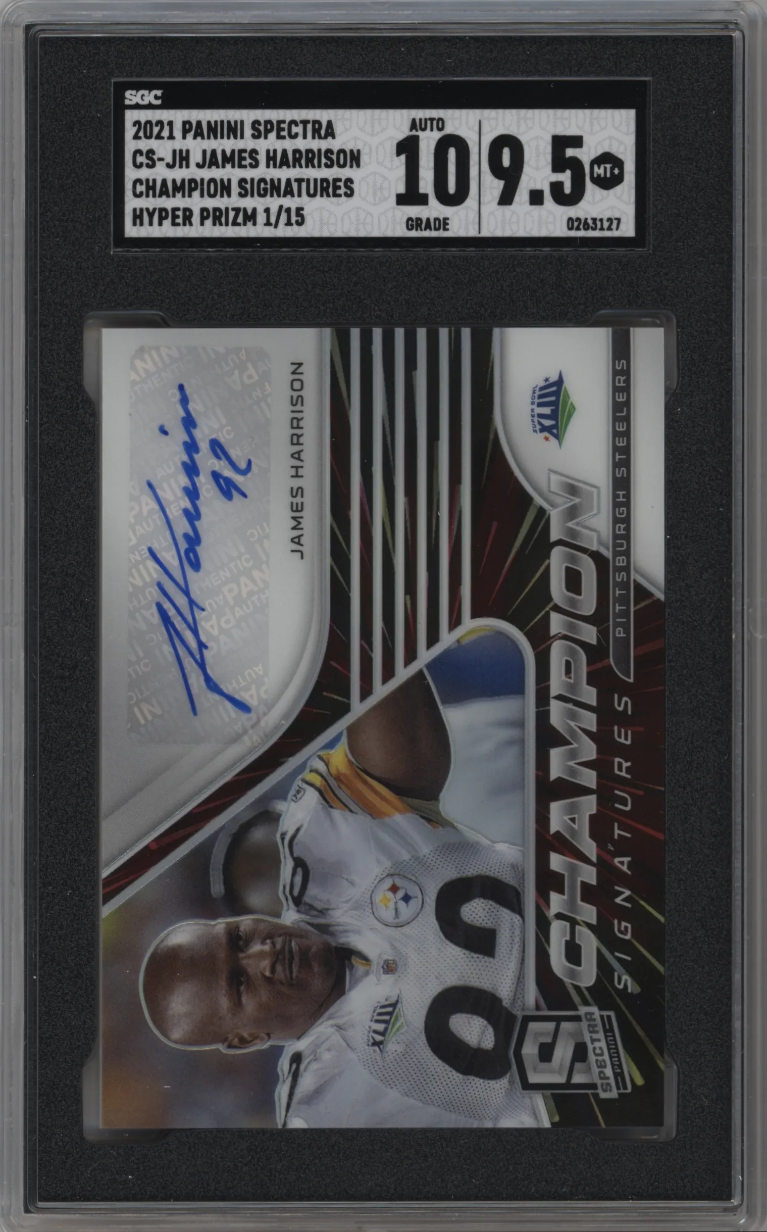 2021 Panini Spectra Champion Sig. James Harrison Hyper #CS-JH SGC 9.5