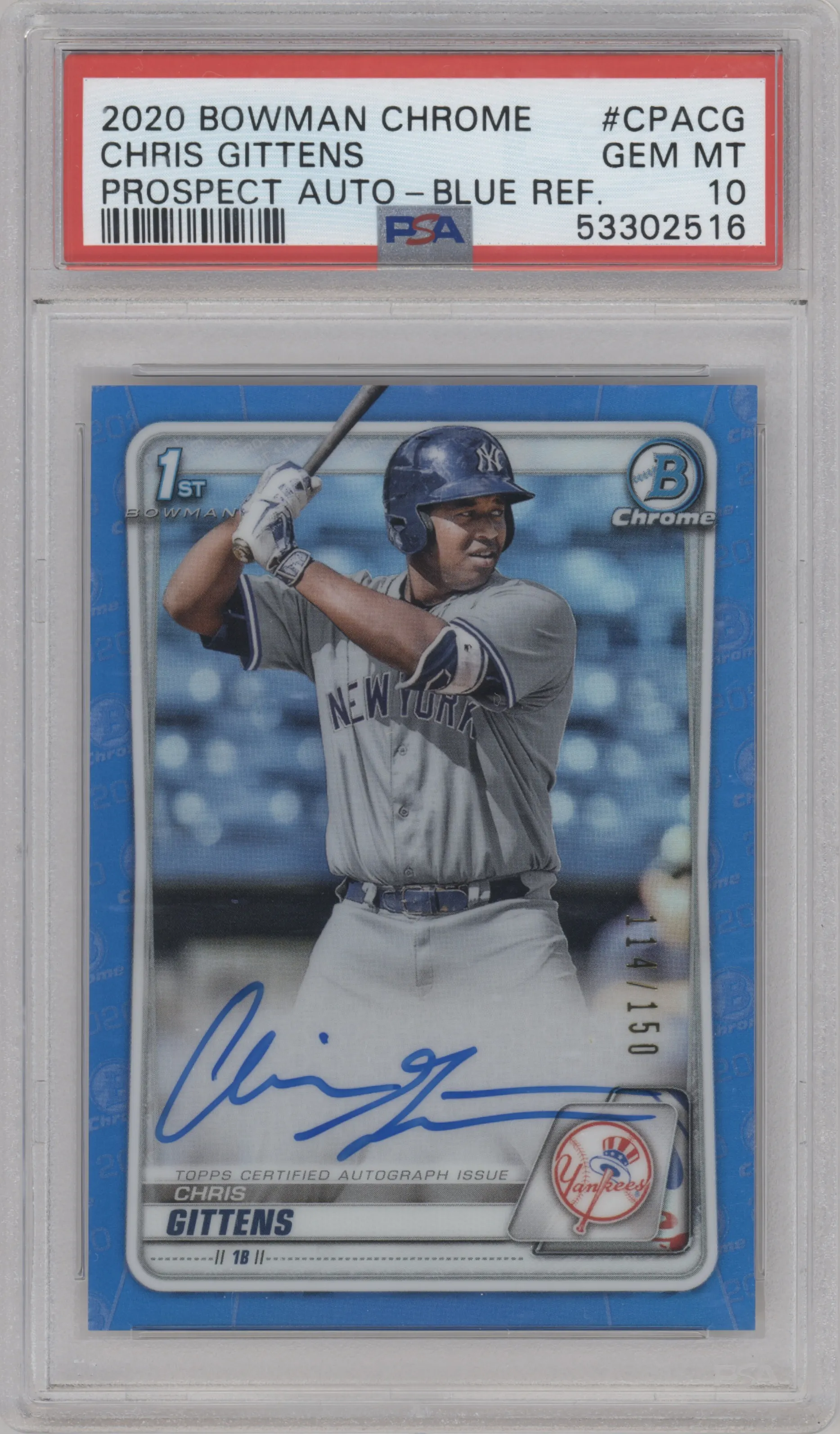 Chris Gittens from the 2020 Bowman Chrome set featuring a Blue Refractor parallel graded by PSA and given an overall grade of 10.
