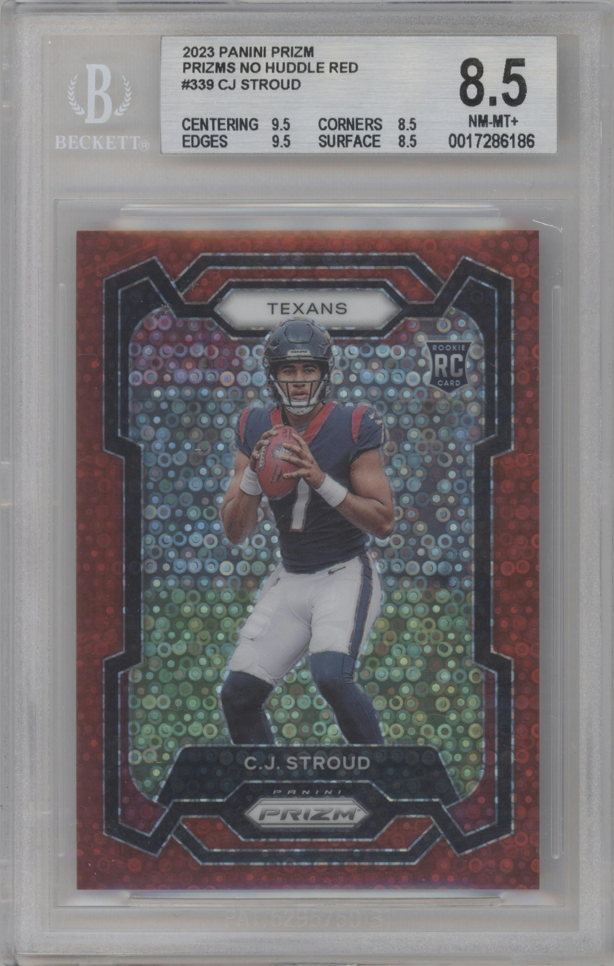 C.J. Stroud from the 2023 Panini Prizm set featuring a No Huddle Red parallel graded by Beckett and given an overall grade of 8.5.
