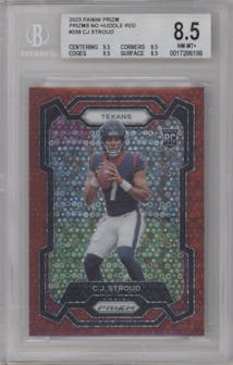 C.J. Stroud from the 2023 Panini Prizm set featuring a No Huddle Red parallel graded by Beckett and given an overall grade of 8.5.